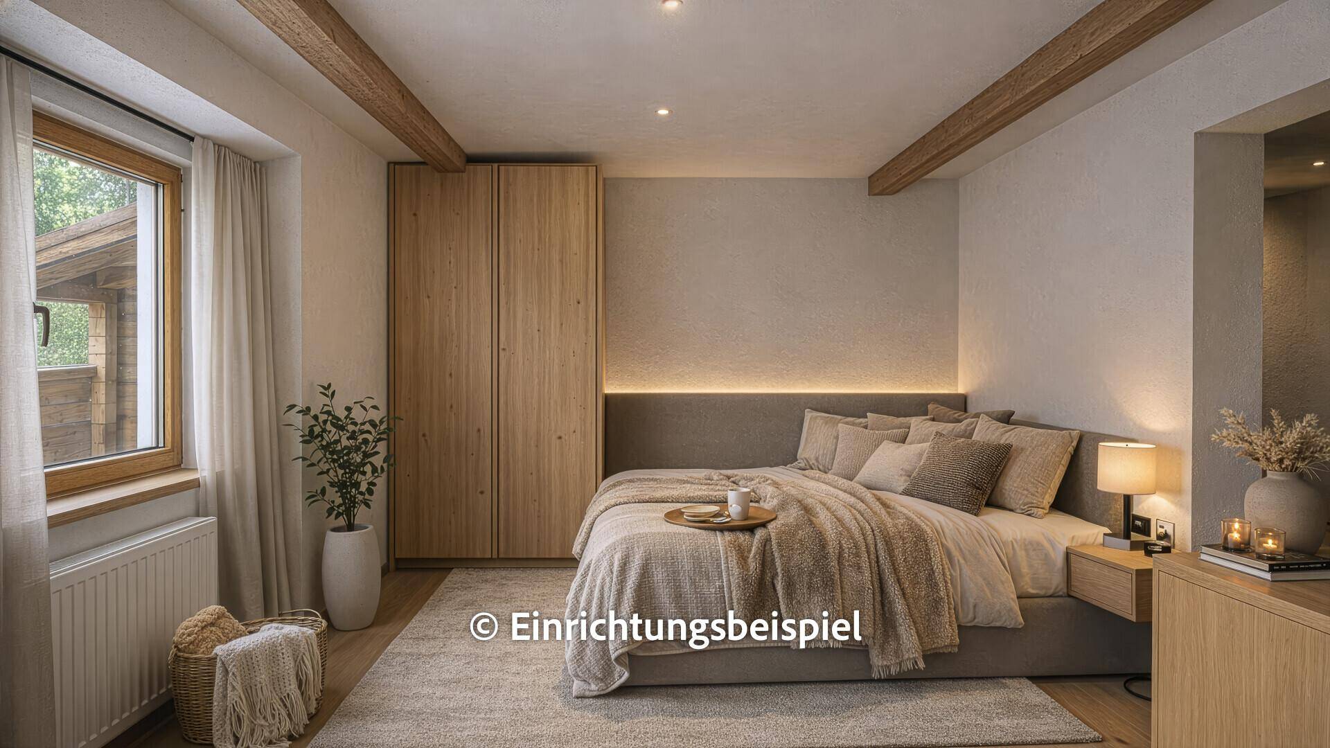 Modernes Schlafzimmer mit Holzbalken, Einbauschrank und großem Fenster.