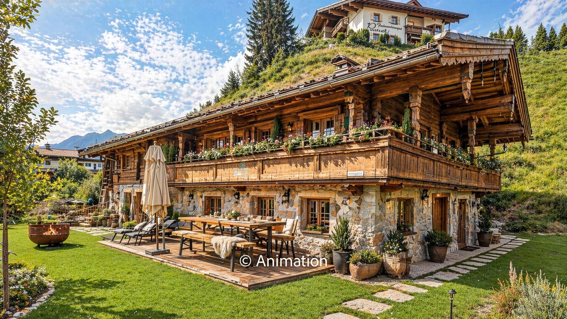 Charmantes Holzchalet mit Steinfassade, großer Terrasse und blühendem Balkon in sonniger Lage.