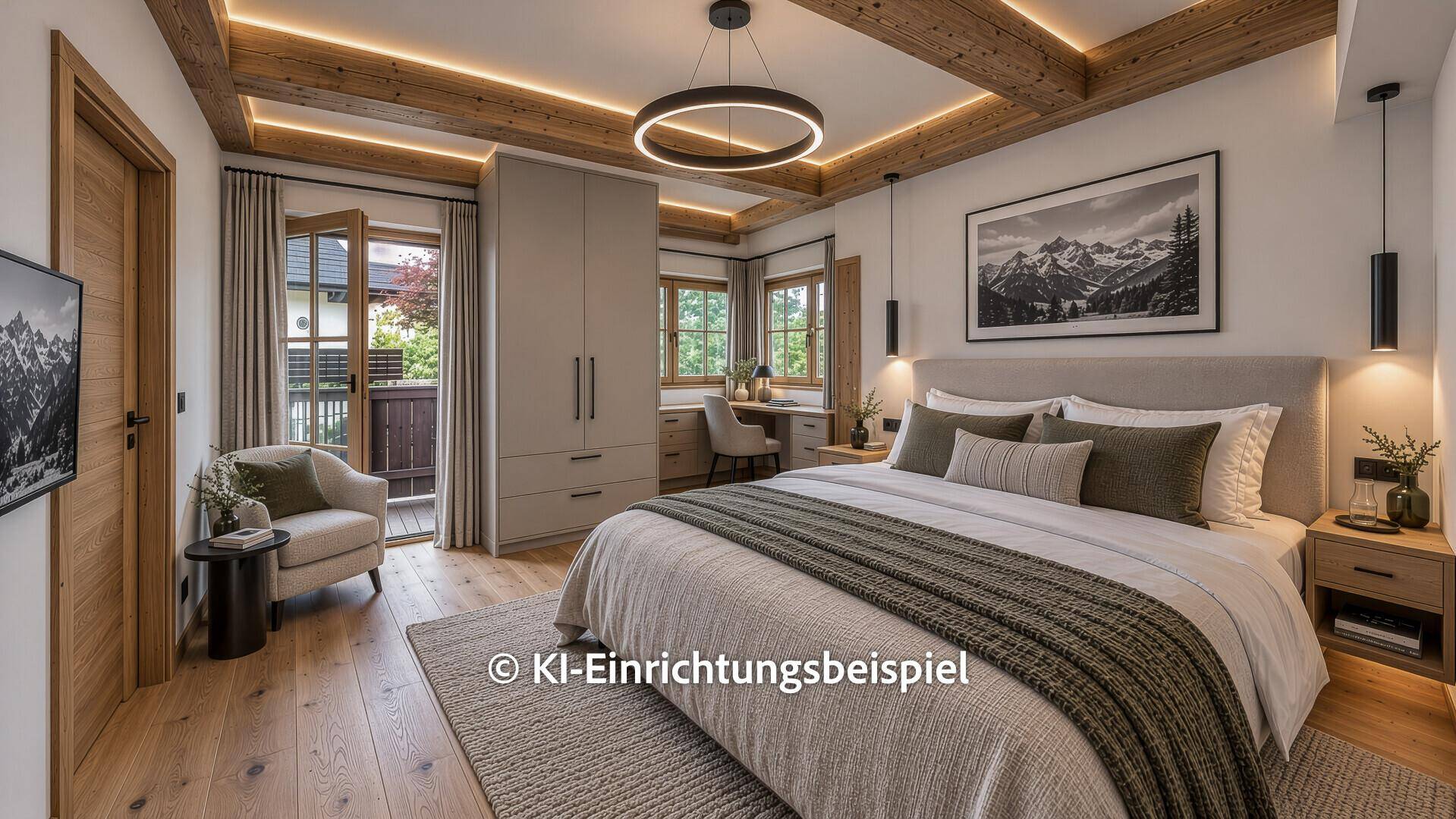 Modernes Schlafzimmer mit Doppelbett, Holzbalkendecke und Zugang zu einem Balkon mit grüner Aussicht.