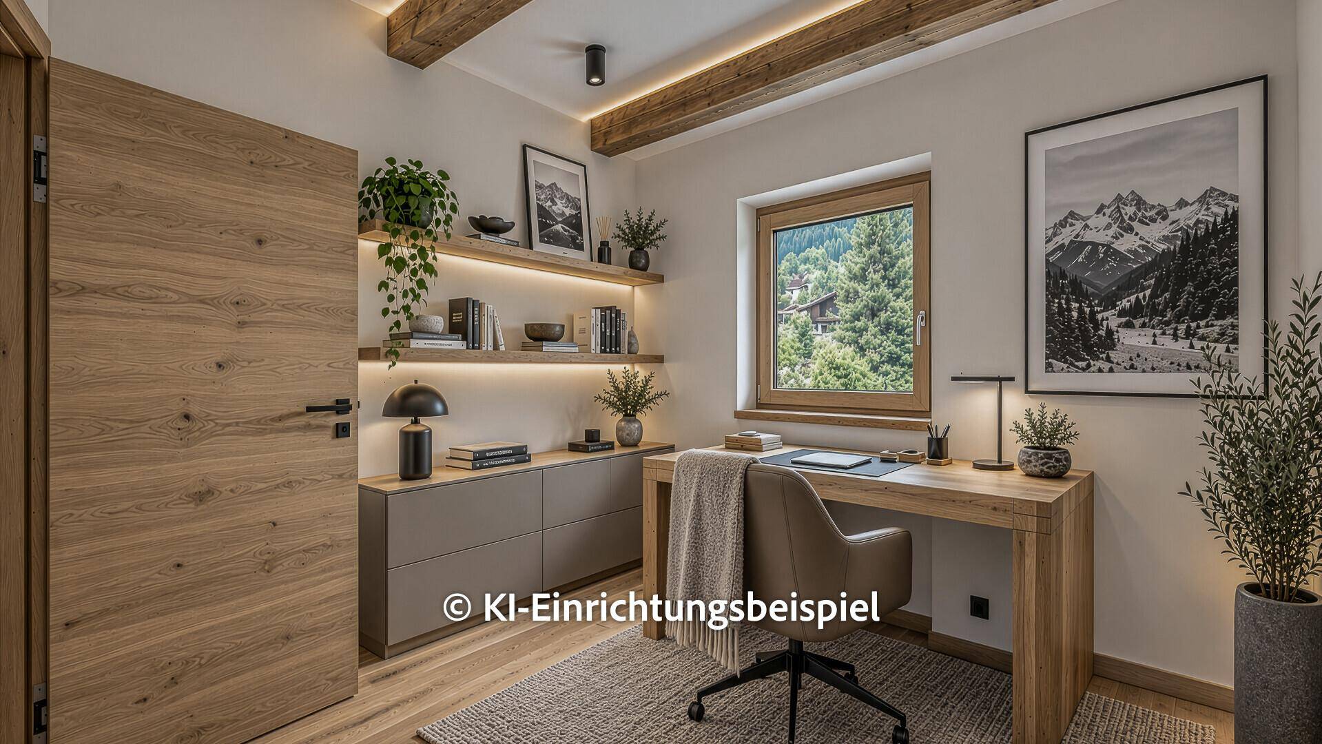 Modernes Arbeitszimmer mit Holzboden, integrierten Regalen und einem Schreibtisch mit Blick ins Grüne.