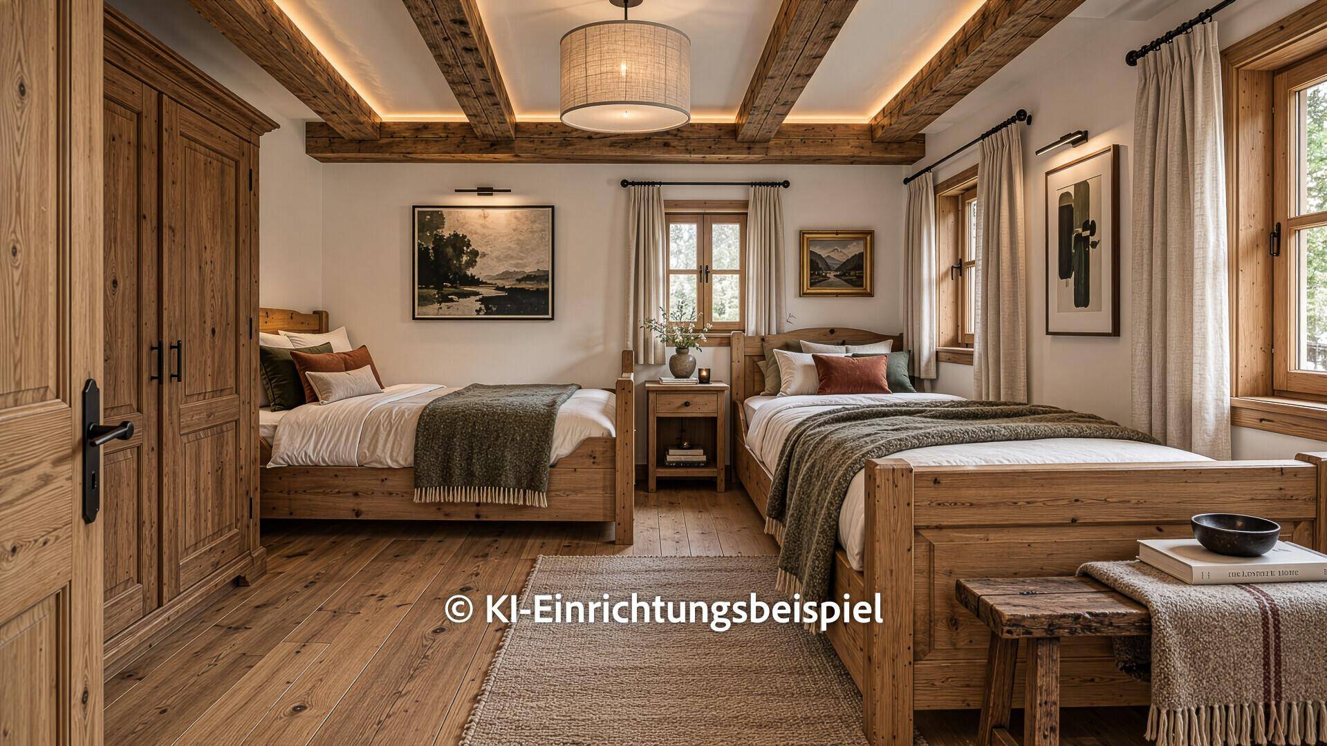 Renoviertes Schlafzimmer im alpinen Stil mit zwei Einzelbetten, Holzschrank und Holzbalkendecke.