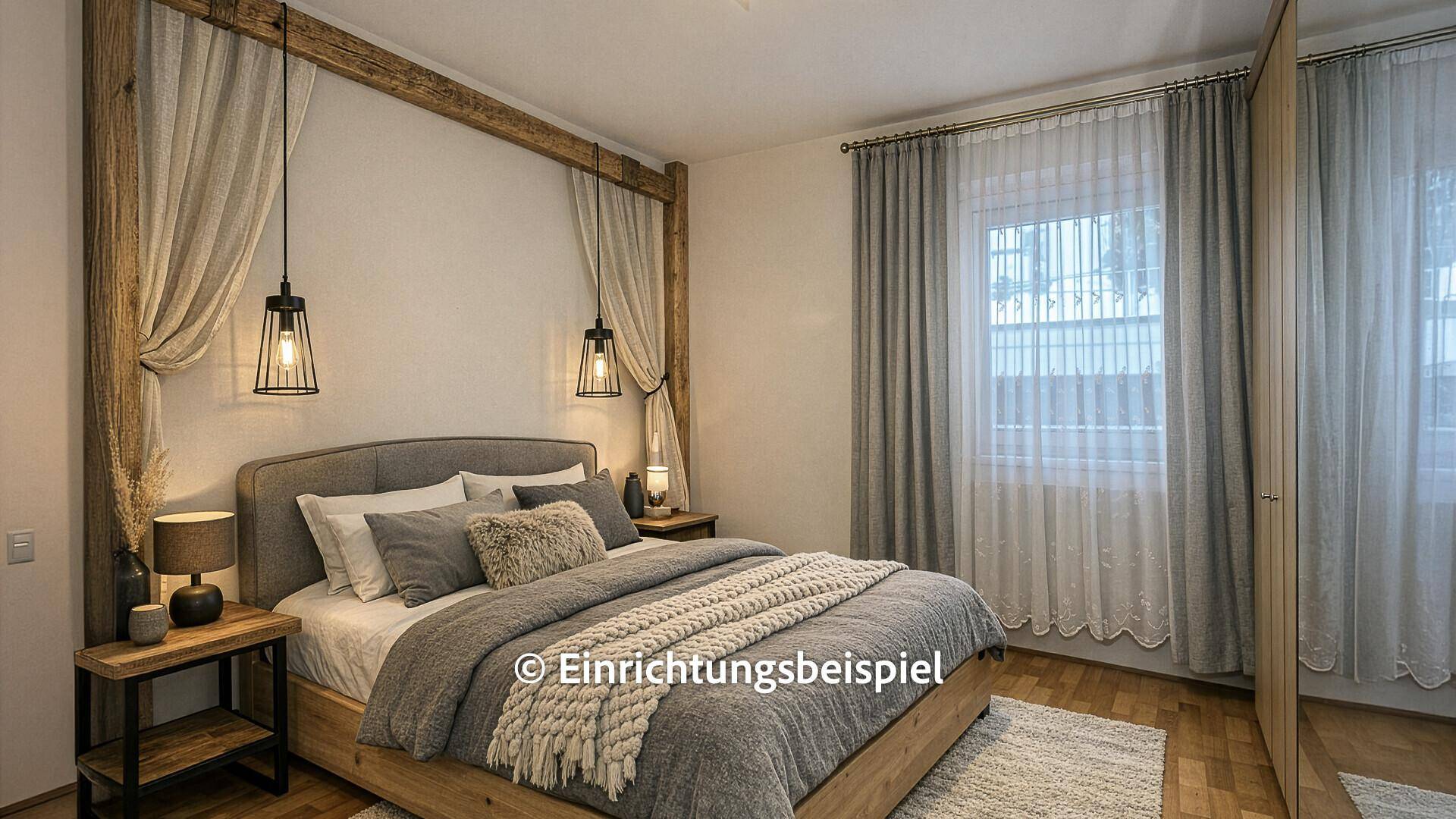 Modernes Schlafzimmer mit Doppelbett, Holzbalken und stilvoller Beleuchtung, gemütlich und einladend.