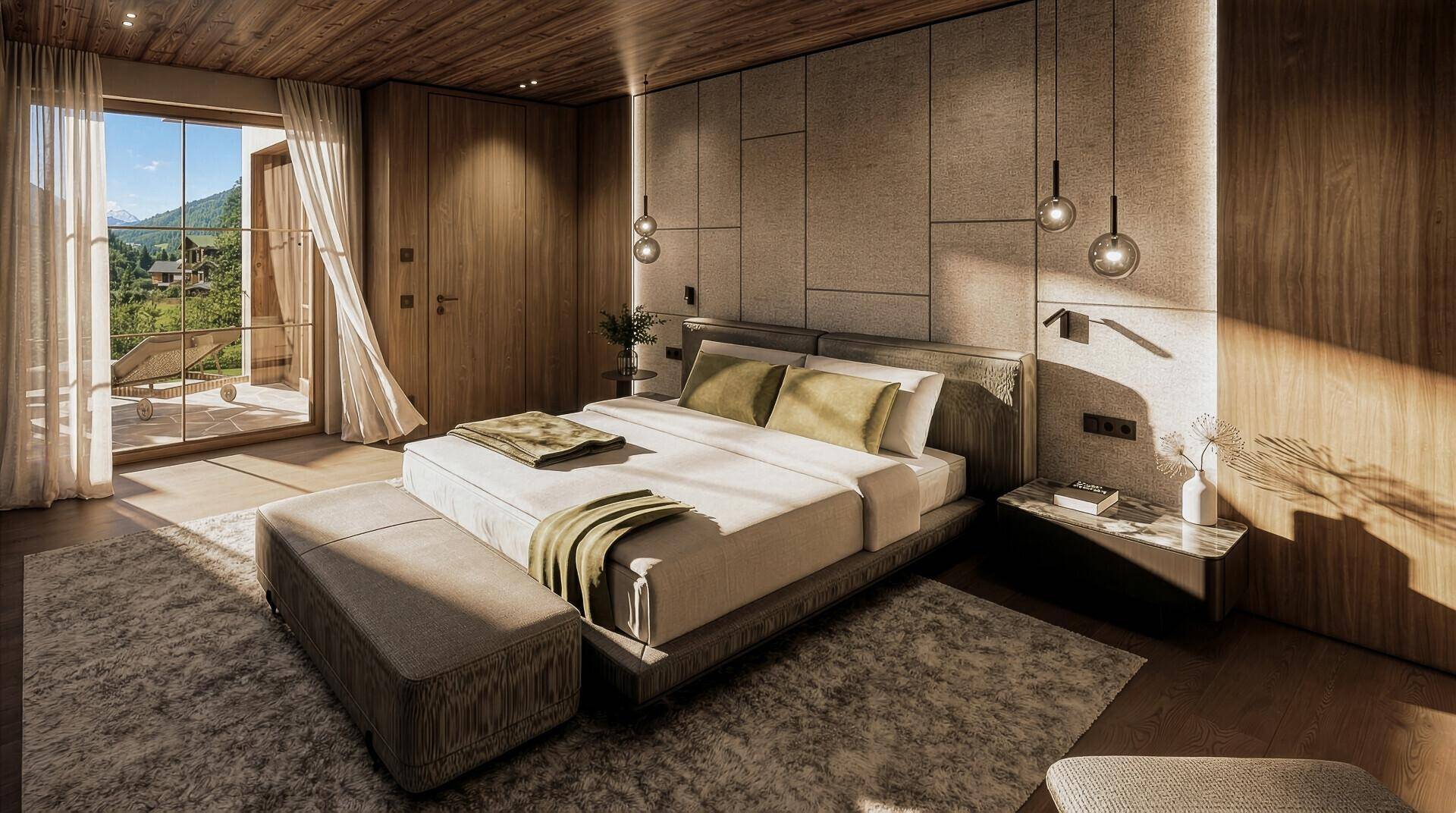 Elegantes Schlafzimmer mit Holzakzenten, großem Bett und direktem Zugang zu einem Balkon mit Bergblick.