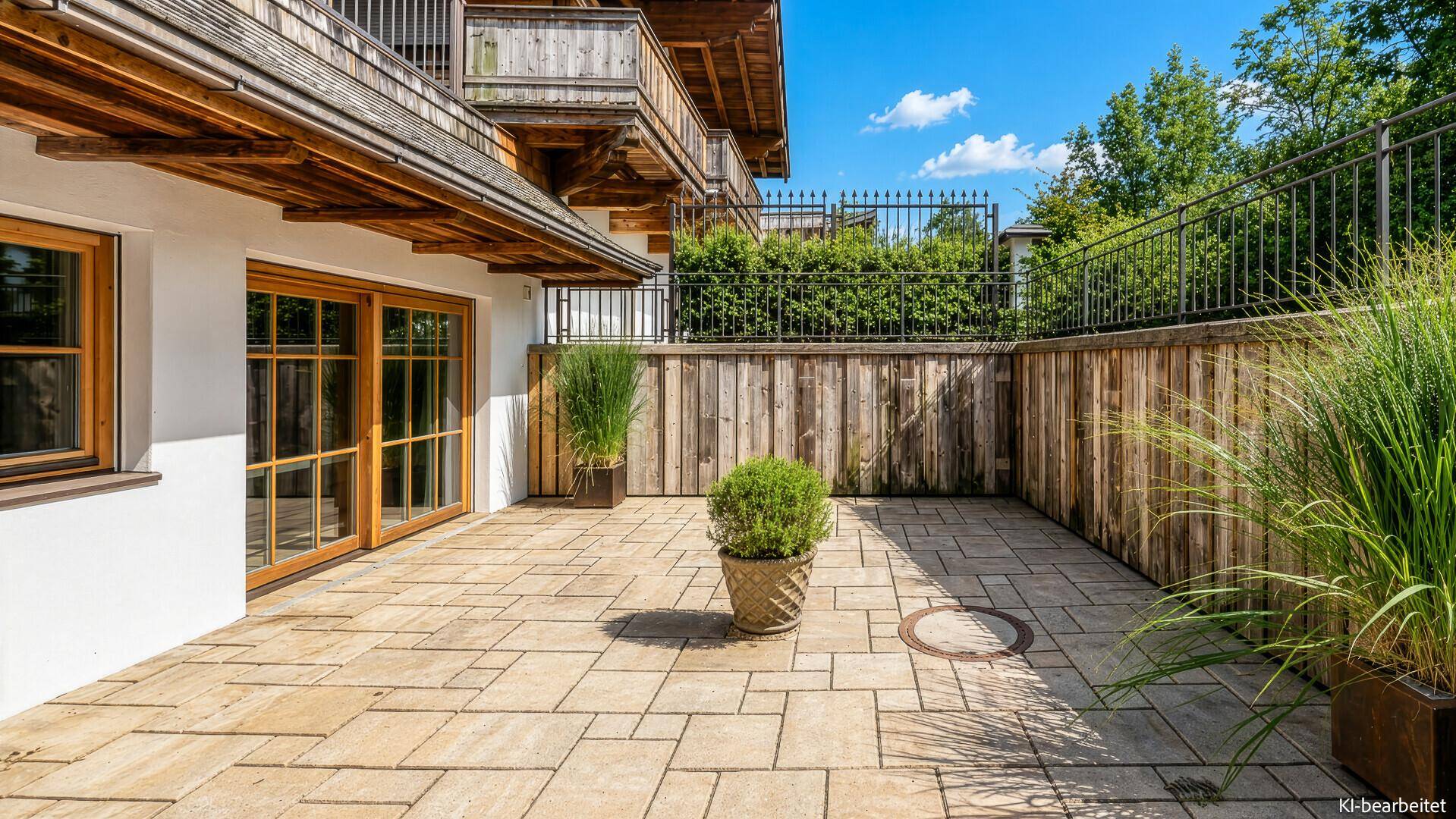 Gepflasterte Terrasse mit Holzelementen und Zugang zum Gebäude, umgeben von grüner Bepflanzung.