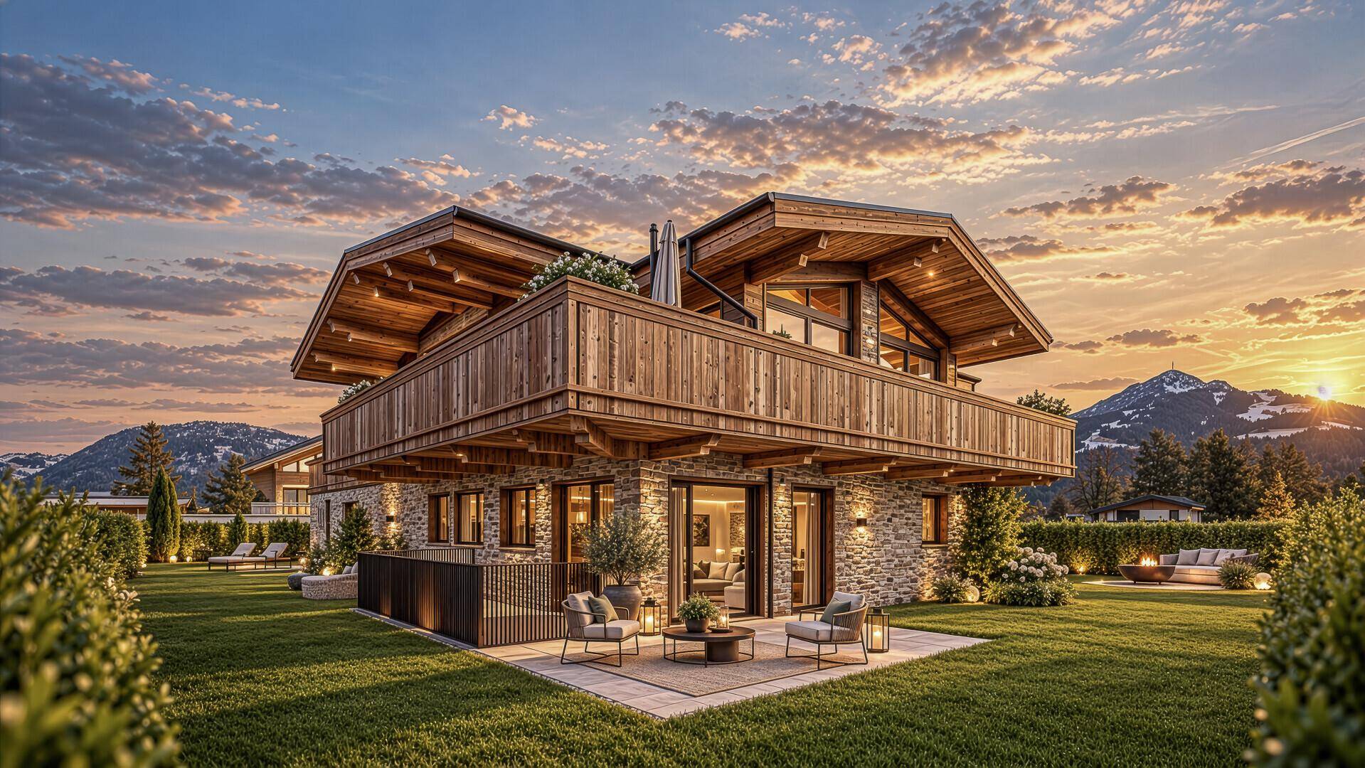 Exklusives Holzchalet mit Steinfassade und einladender Terrasse, umgeben von Garten und Bergblick bei Sonnenuntergang.