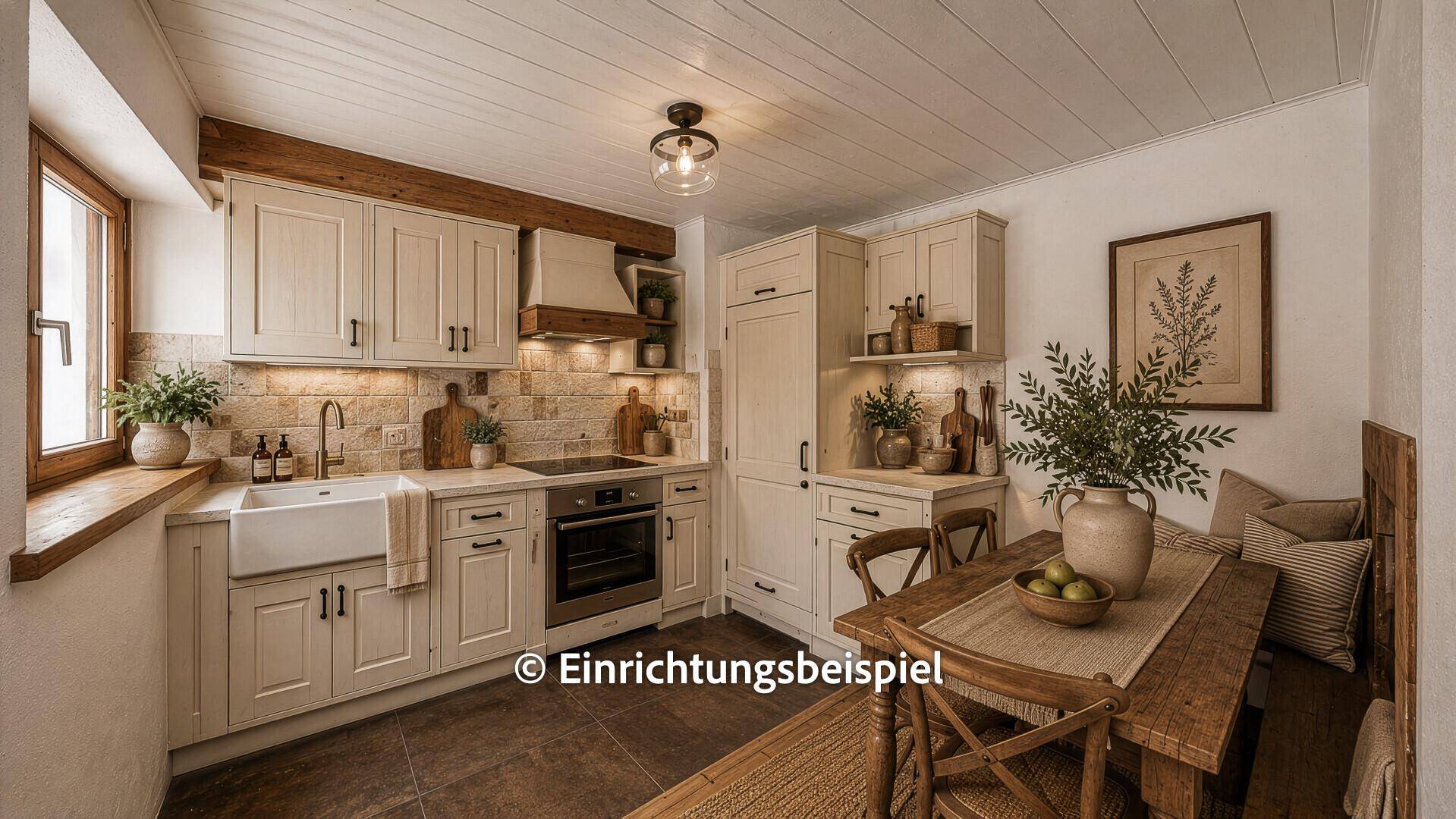 Gemütliche Landhausküche mit Holzelementen, Spülbecken und Essbereich.