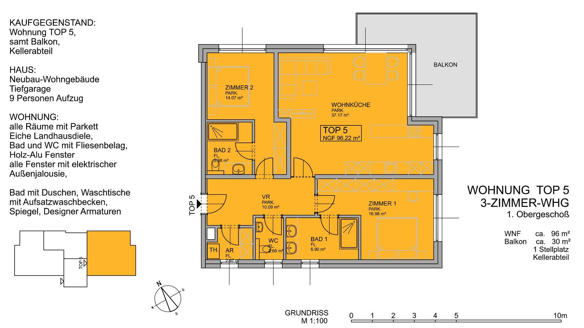 Grundriss der Wohnung TOP 5 mit drei Zimmern, zwei Bädern und einem Balkon.