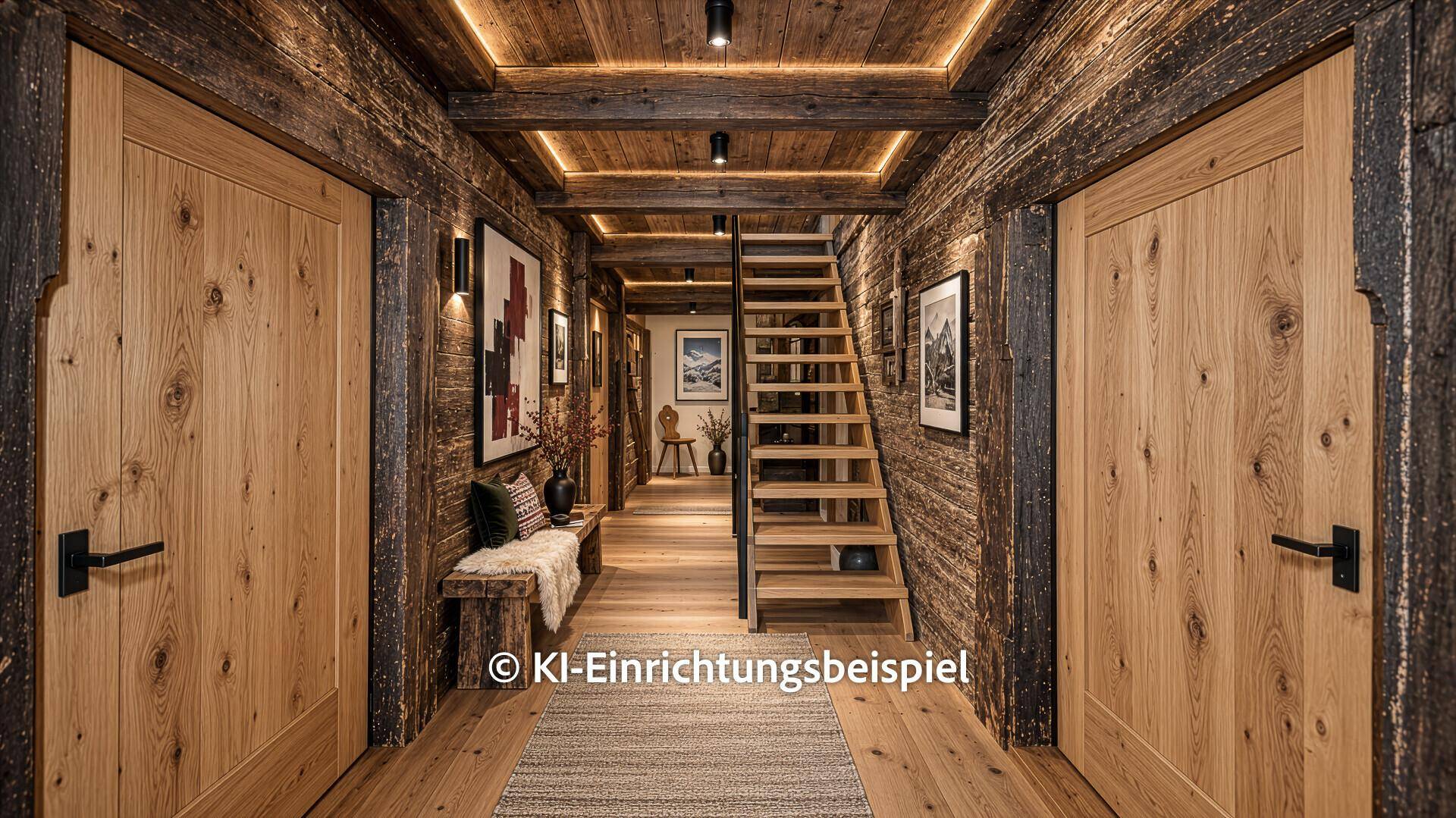 Modernisierter Flur im alpinen Stil mit Holzbalken, indirekter Beleuchtung und Holztreppe.
