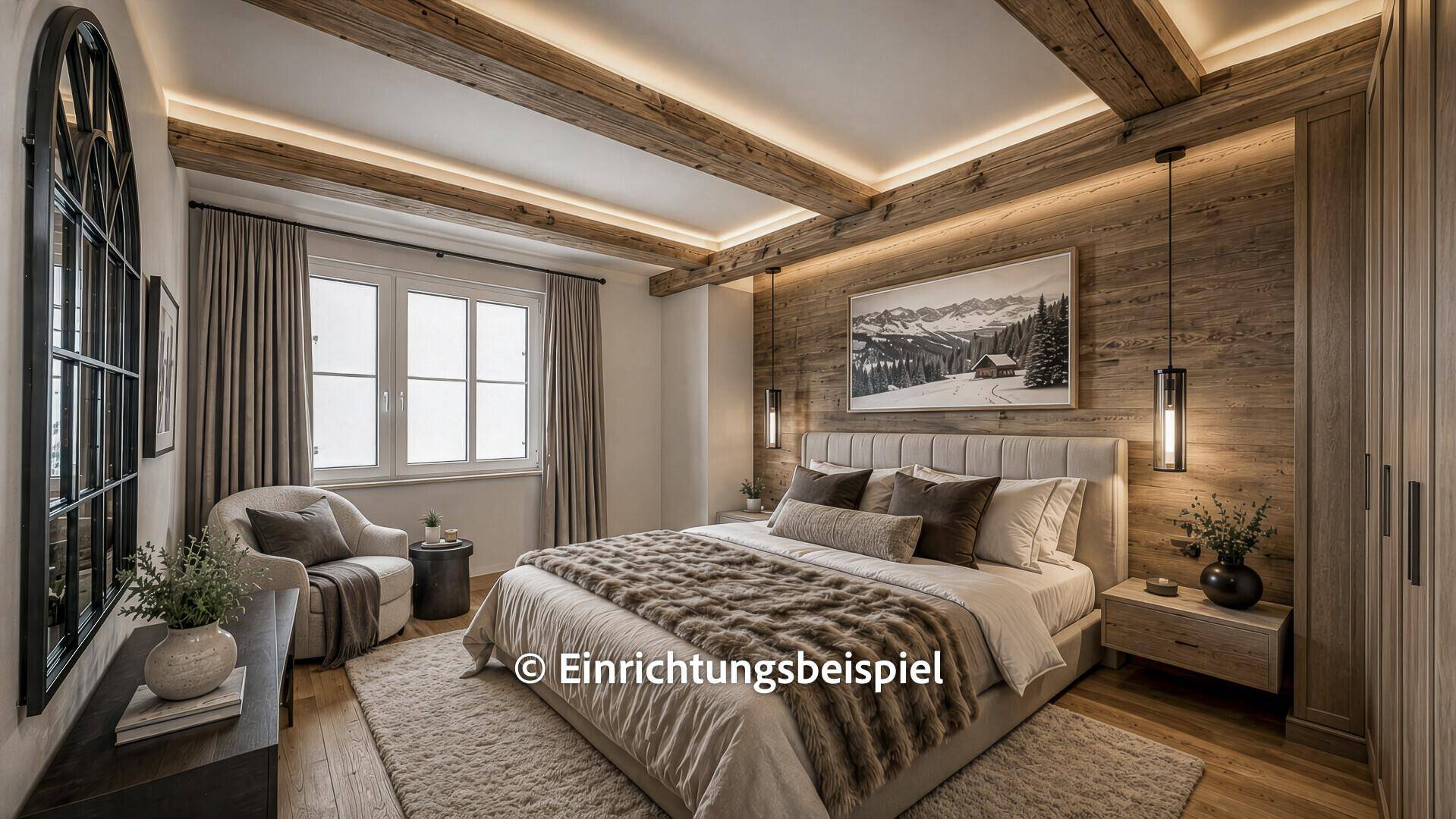 Modernes Schlafzimmer mit Holzbalkendecke, Doppelbett und Holzwand im alpinen Stil.