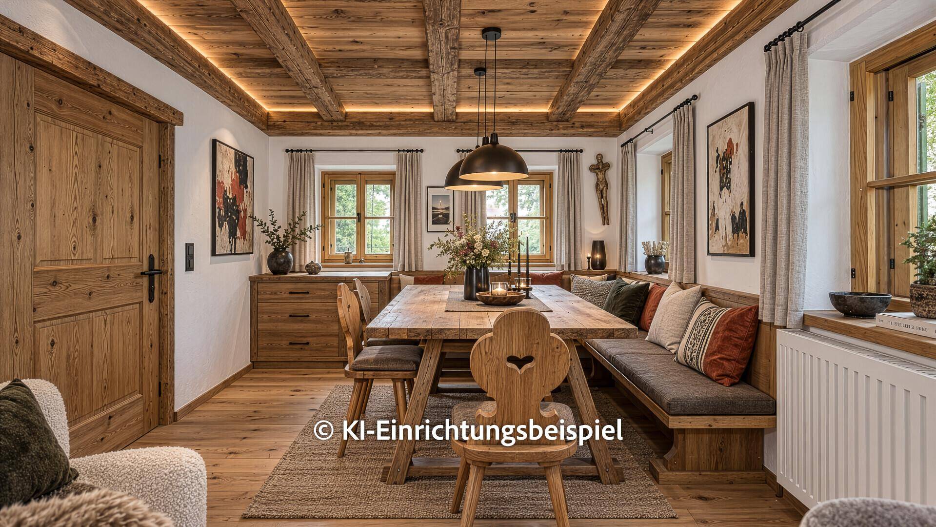 Renovierter Essbereich im alpinen Stil mit Holztisch, Eckbank und moderner Beleuchtung unter Holzbalken.