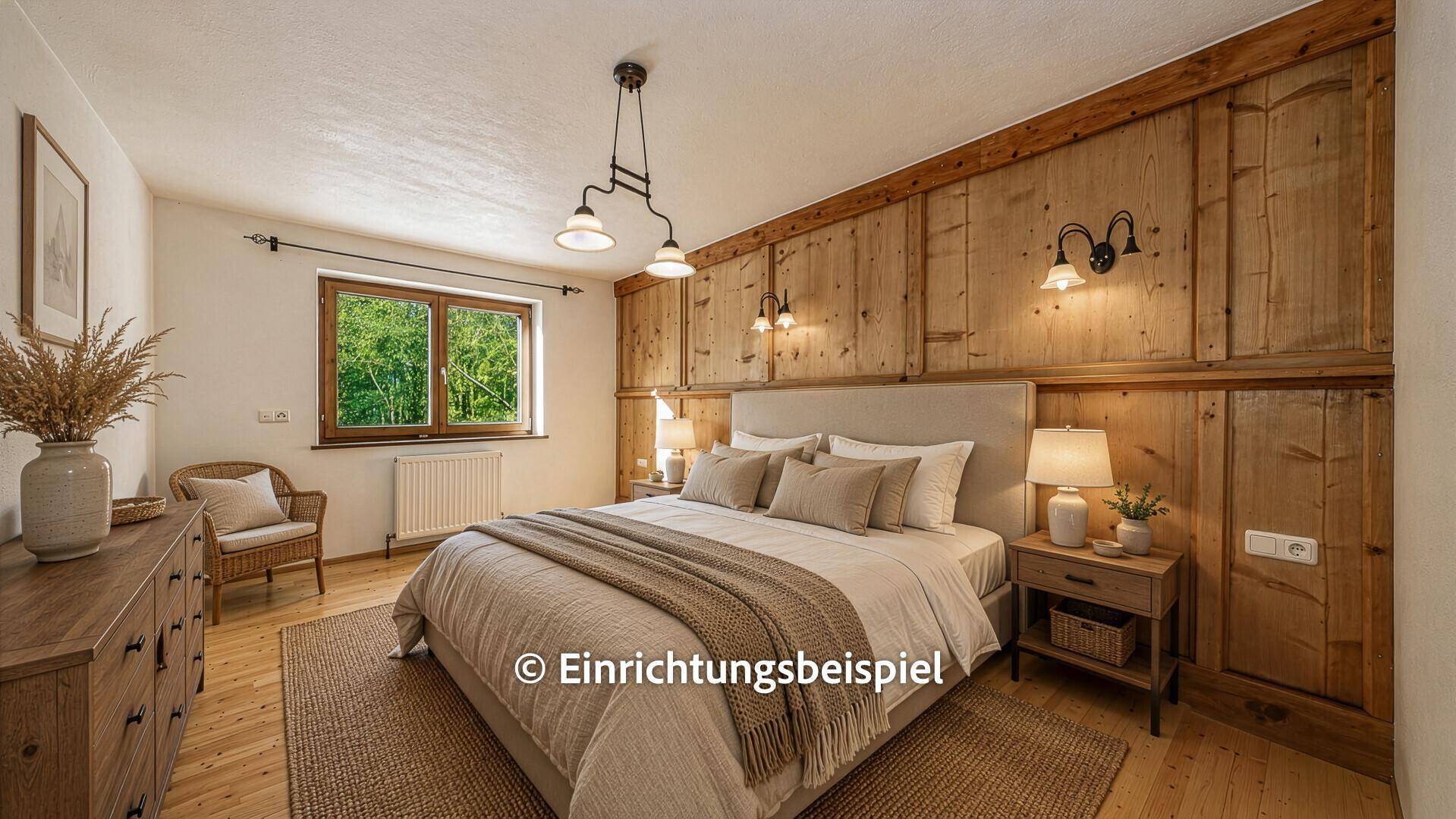 Gemütliches Schlafzimmer mit Holzelementen, Doppelbett und Blick in die Natur.