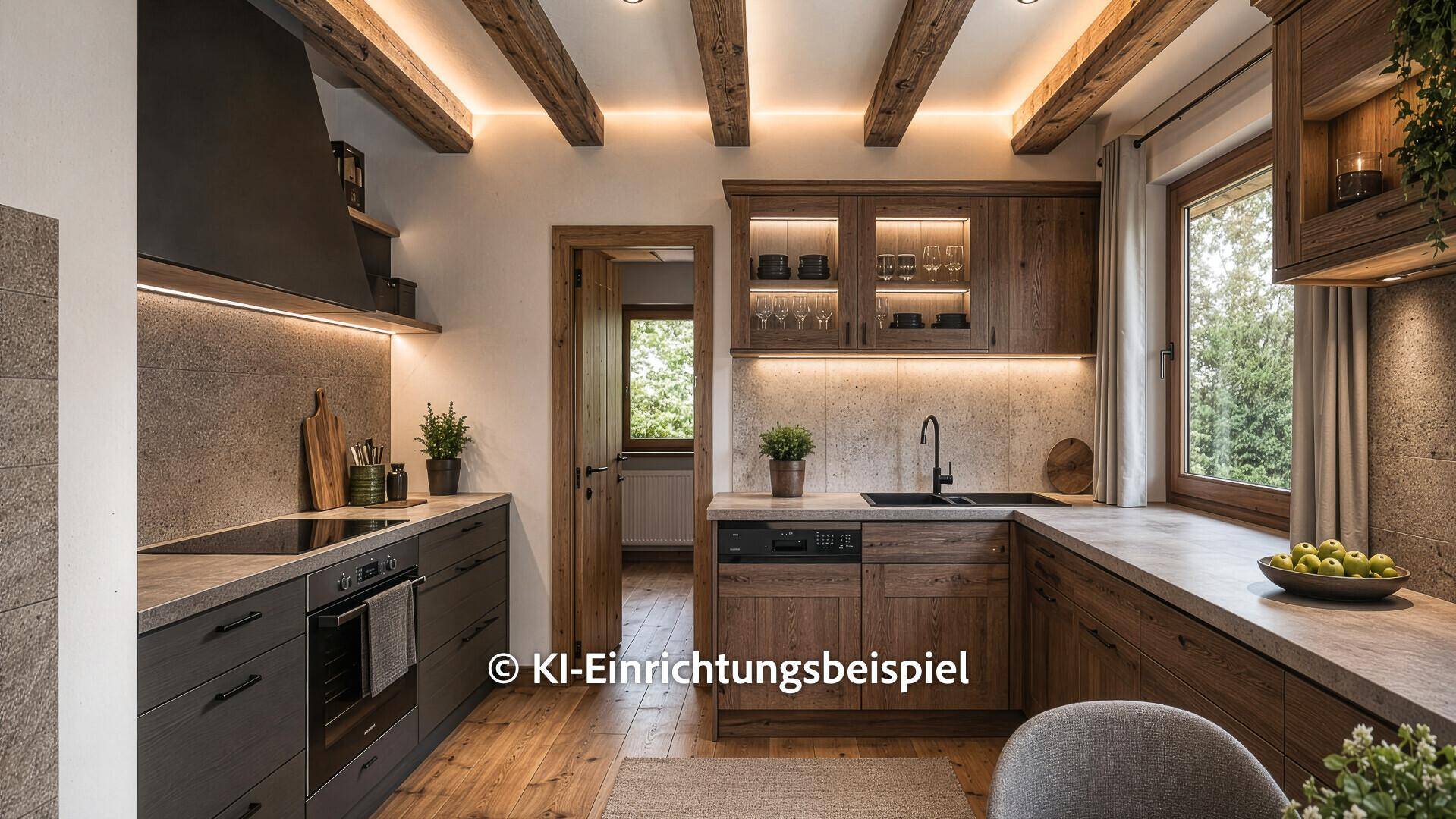 Moderne Küche mit dunklen Holzfronten, Steinarbeitsplatten und sichtbaren Holzbalken.