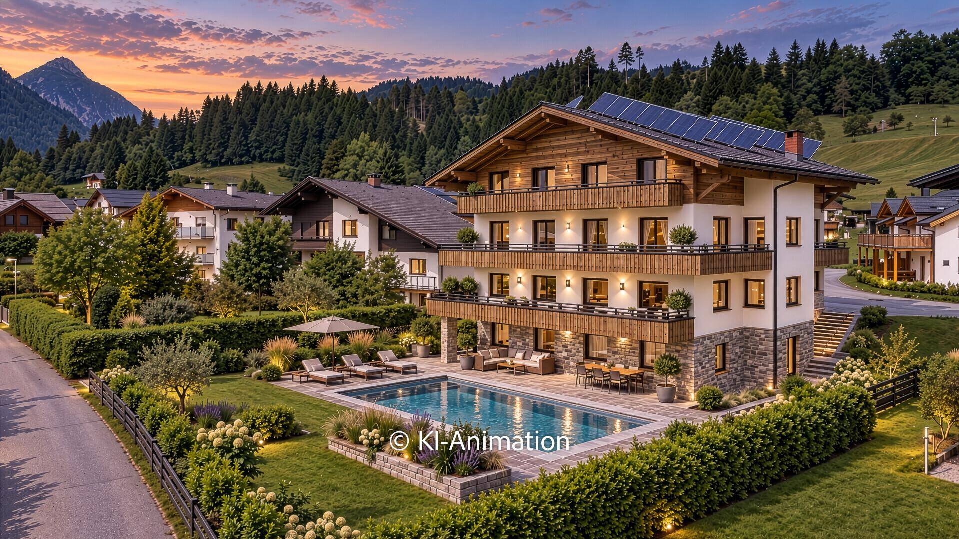 Abendliche Visualisierung eines luxuriösen Hauses mit beleuchtetem Pool und Bergblick.