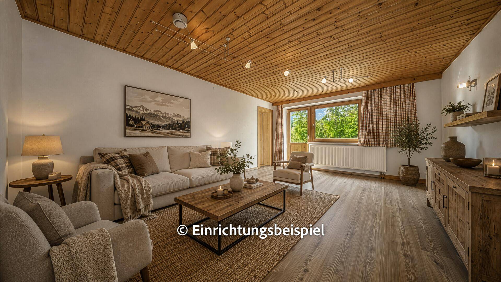Geschmackvoll eingerichtetes Wohnzimmer mit Holzbalkendecke und Balkonzugang.