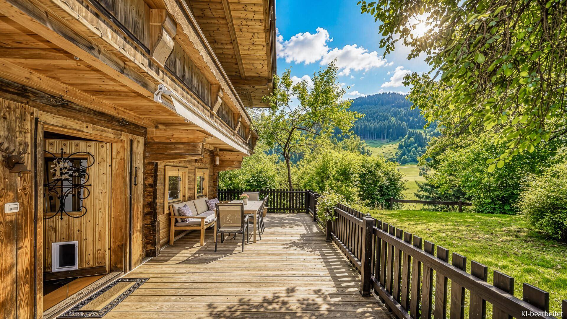 Sonnige Holzterrasse mit Gartenmöbeln und weitem Blick auf die grünen Berge.