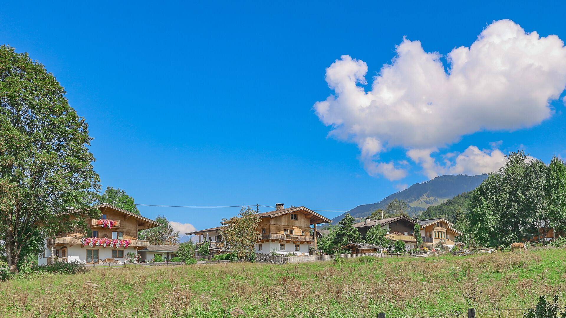 Traditionelle Häuser im Alpenstil eingebettet in eine grüne Berglandschaft unter blauem Himmel.