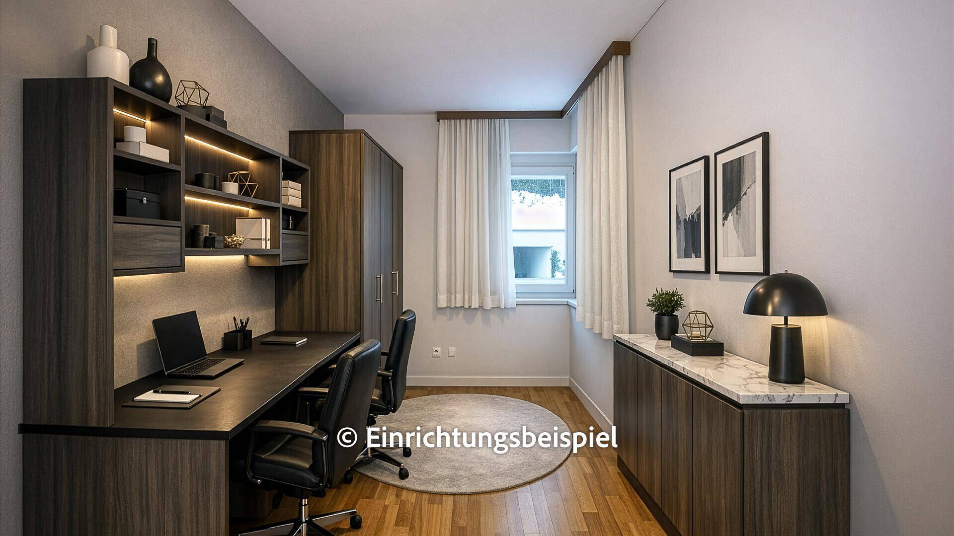 Modernes Büro mit großem Schreibtisch, Regalen und stilvoller Dekoration, hell und funktional.