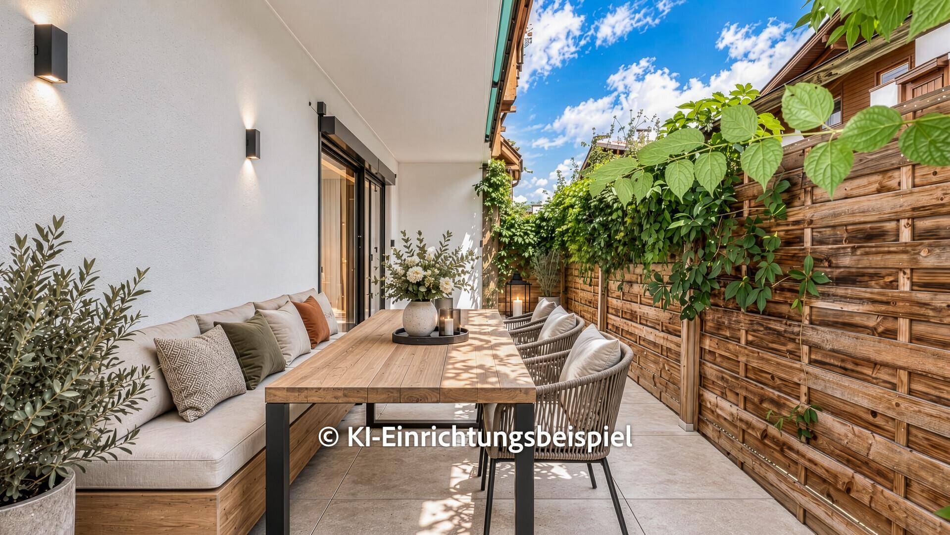 Stilvolle Terrasse mit modernem Esstisch und bequemen Sitzgelegenheiten, umgeben von Grün.