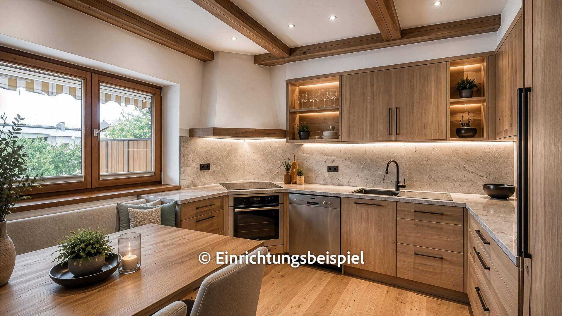 Moderne Holzküche mit hochwertigen Geräten, Marmorarbeitsplatte und gemütlicher Sitzecke am Fenster.