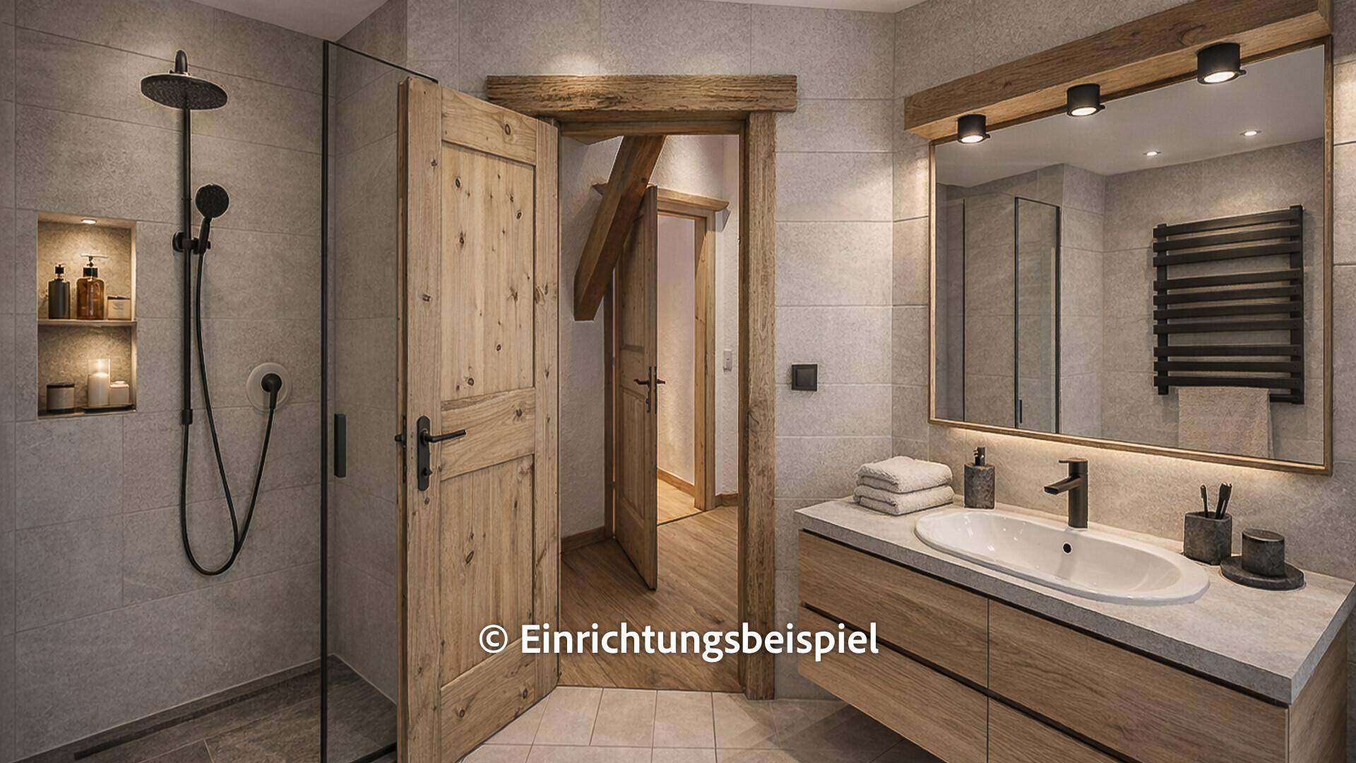 Modernes Badezimmer mit begehbarer Dusche, Einzelwaschbecken und großem Spiegel.
