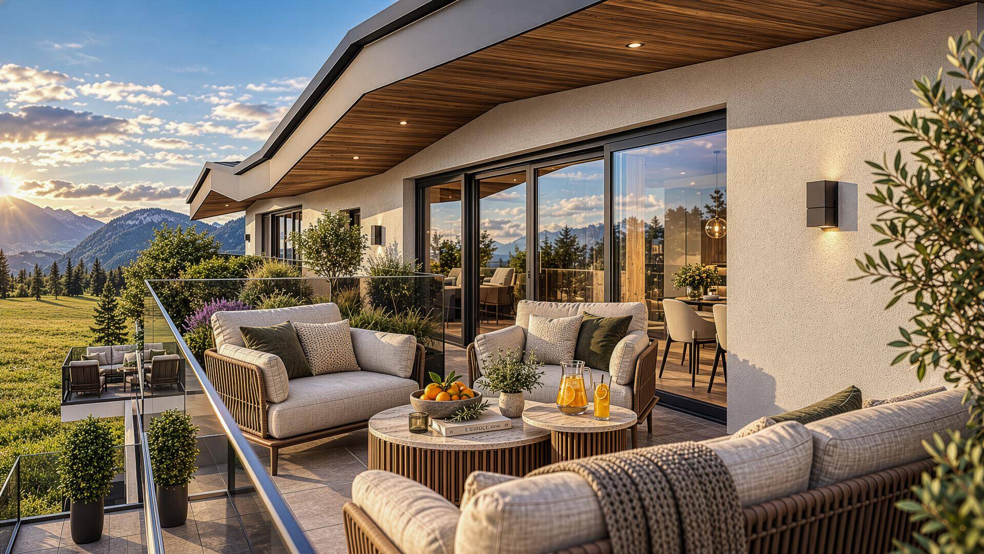 Geräumige Terrasse mit bequemen Loungemöbeln und atemberaubendem Panoramablick auf die Berge.