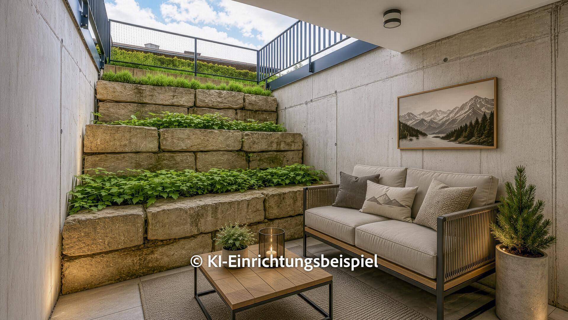 Attraktive Terrasse mit Sitzgelegenheiten und terrassierter Steinmauer.
