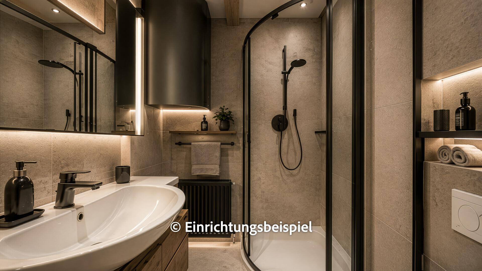 Modernes Badezimmer im alpinen Stil mit grauen Fliesen, Einzelwaschbecken und eleganter Duschkabine.