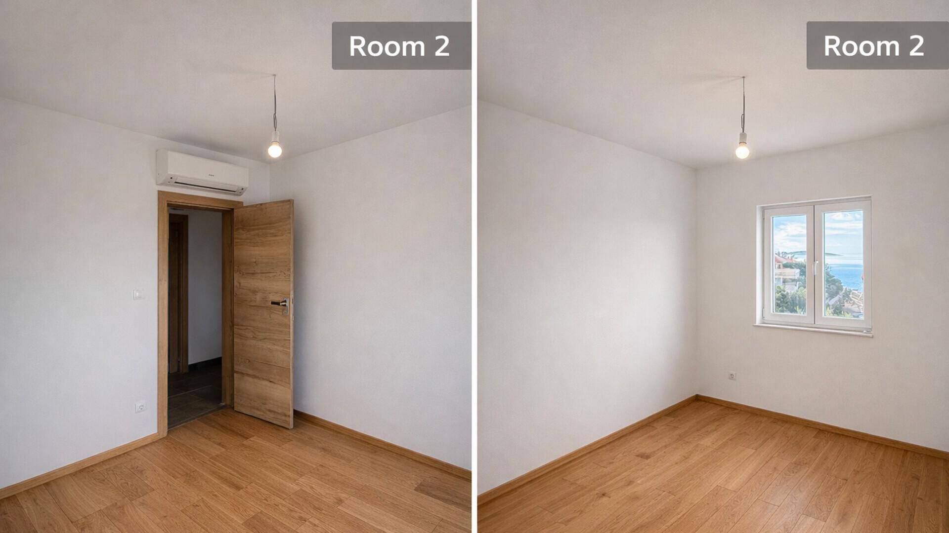 Zwei Ansichten eines weiteren hellen Zimmers mit Holzboden, Fenster und Klimaanlage.