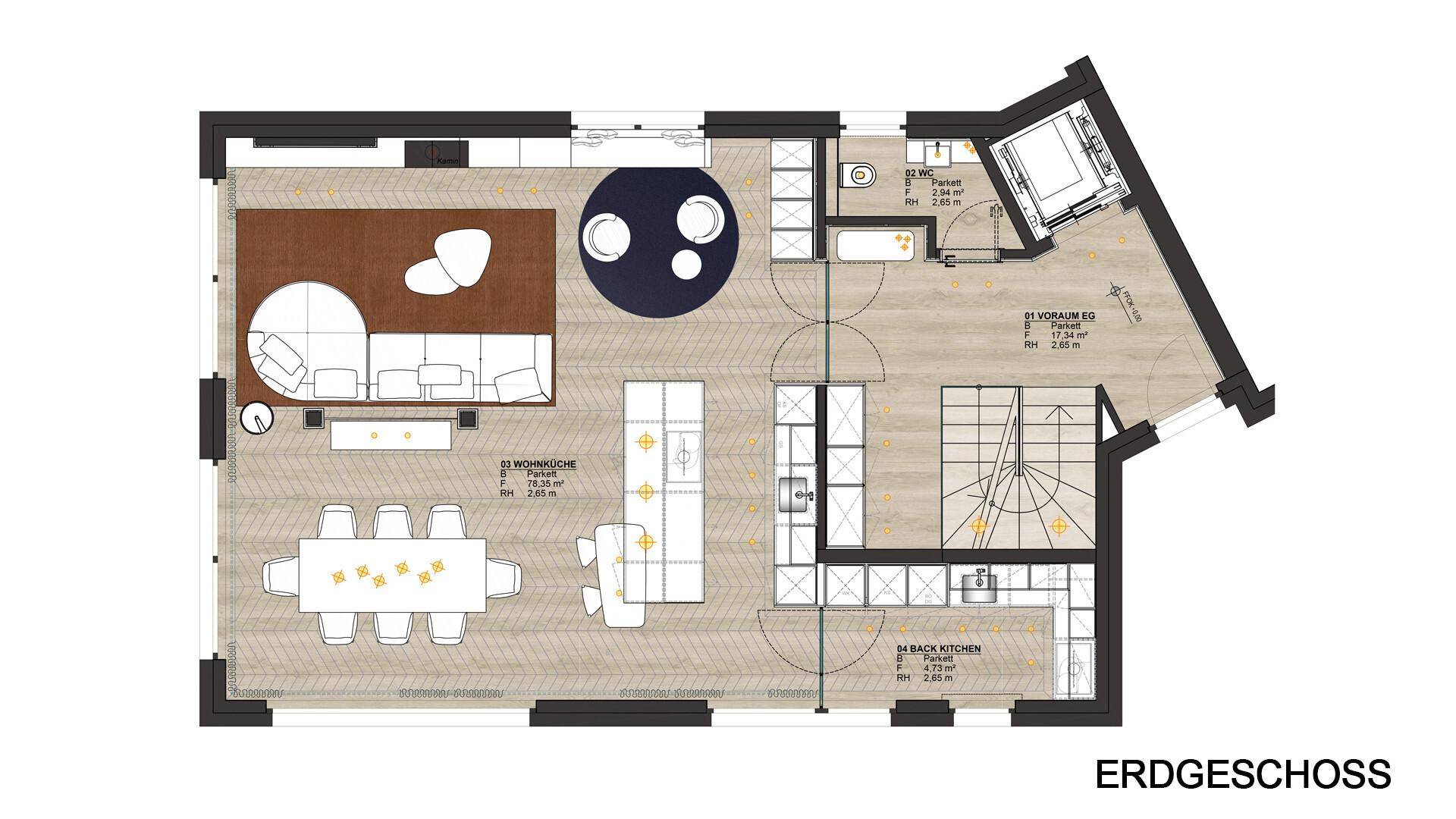 Grundriss des Erdgeschosses mit offenem Wohnbereich, Esszimmer und Küche.