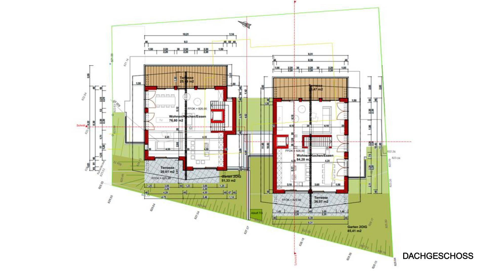 Grundriss des Dachgeschosses mit Wohn-Koch-Essbereich und Terrassen.