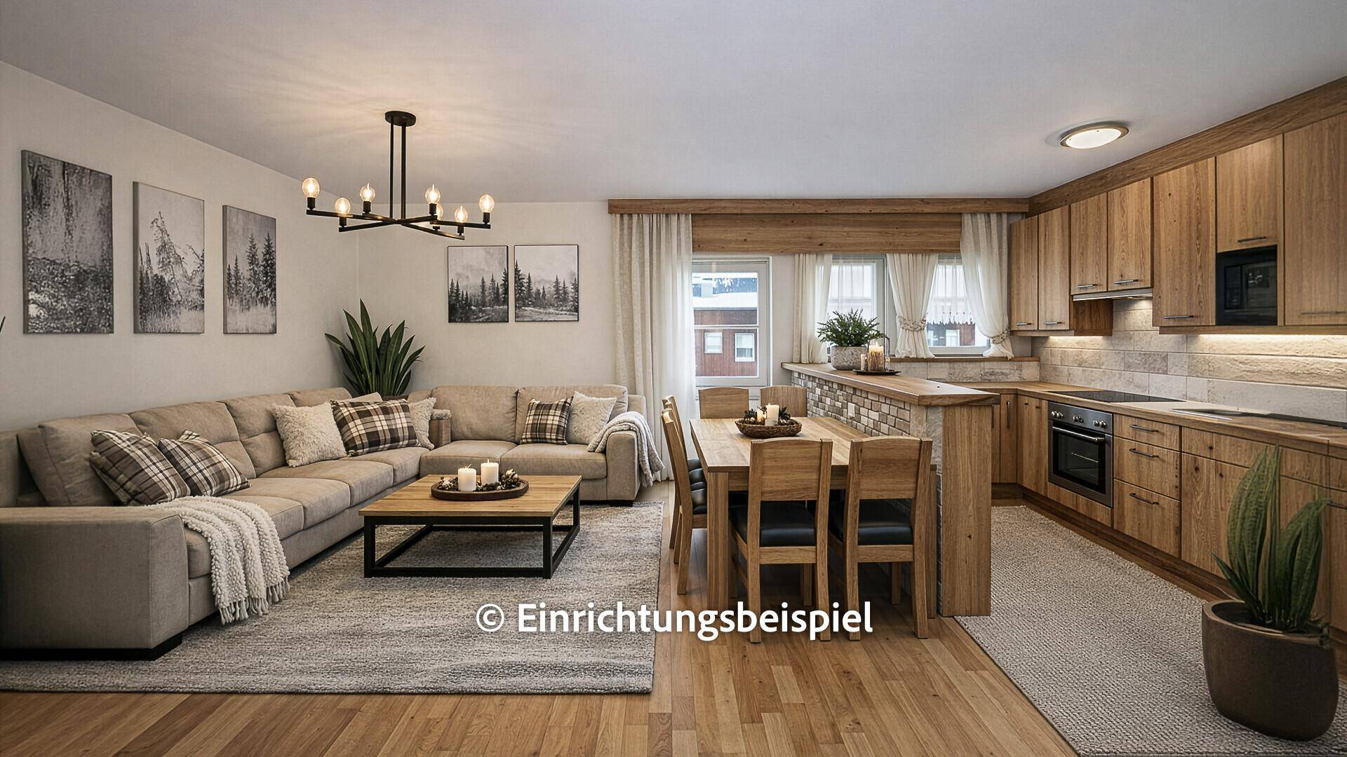 Modernes Wohnzimmer mit Essbereich und offener Holzküche, gemütlich eingerichtet mit viel Holz.