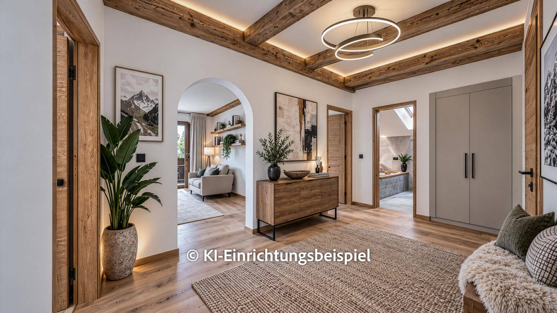 Heller Flur mit Holzbalken, moderner Einrichtung und Zugang zu den Wohnbereichen.