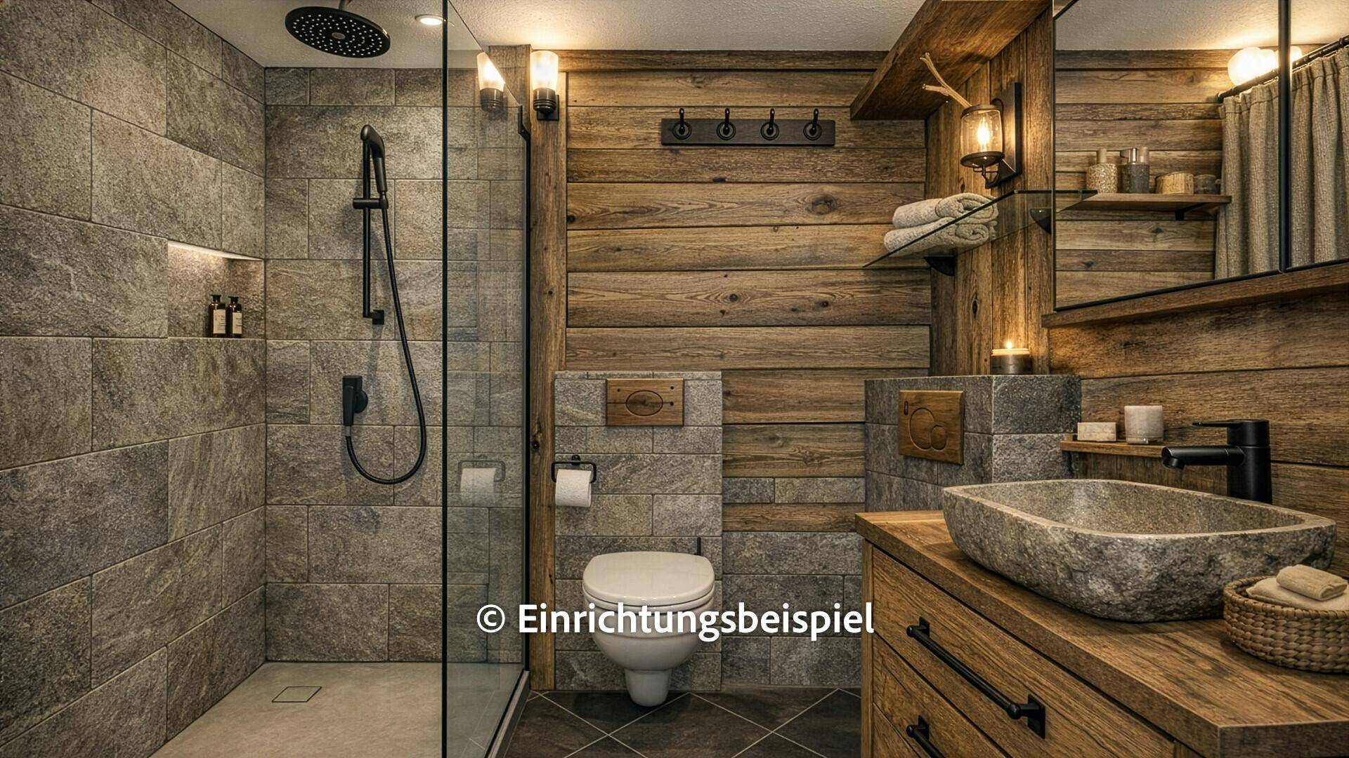 Modernes Badezimmer im alpinen Stil mit begehbarer Dusche, Steinwaschbecken und Holzverkleidung.