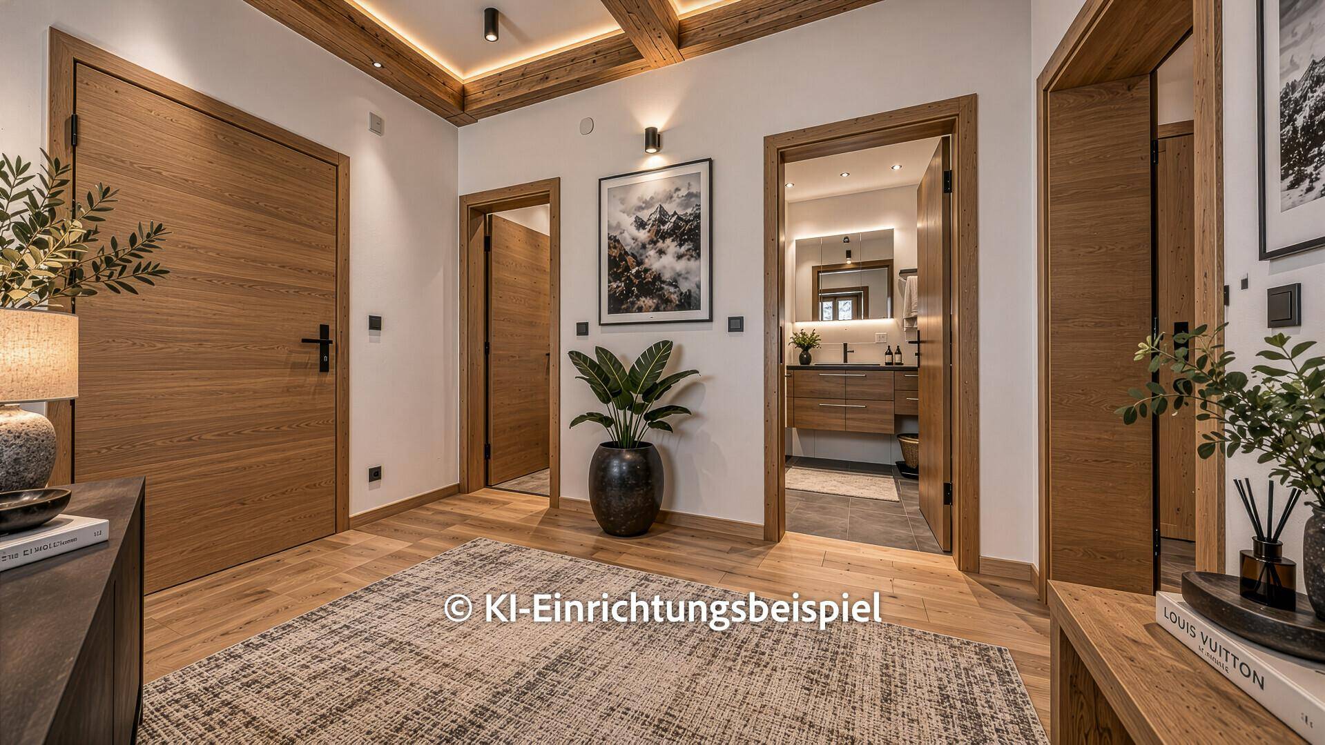 Moderner Flur mit Holztüren, Teppich und Blick in ein stilvolles Badezimmer.