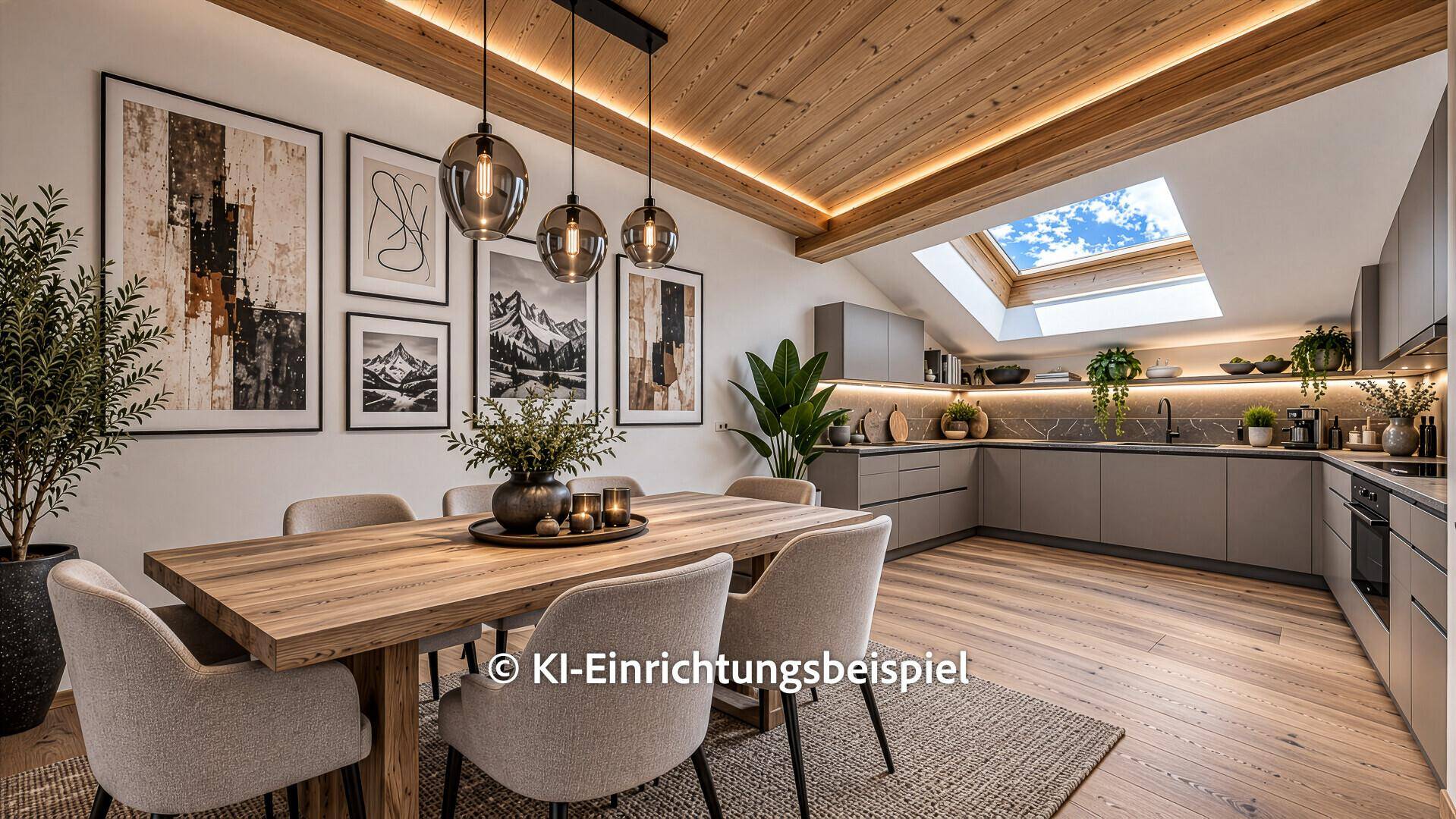 Moderne offene Küche mit Essbereich, Holzbalken und Dachfenster für viel Tageslicht.