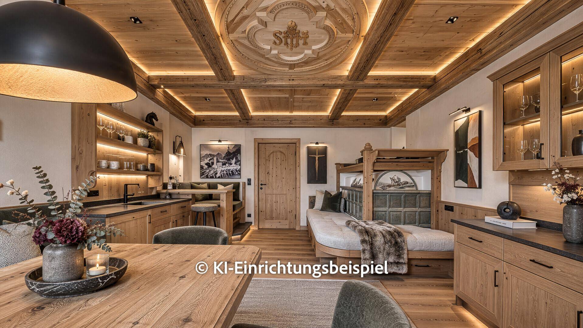 Modern interpretierter Wohnbereich mit Holzbalken, integrierter Küche und Alkovenbett.