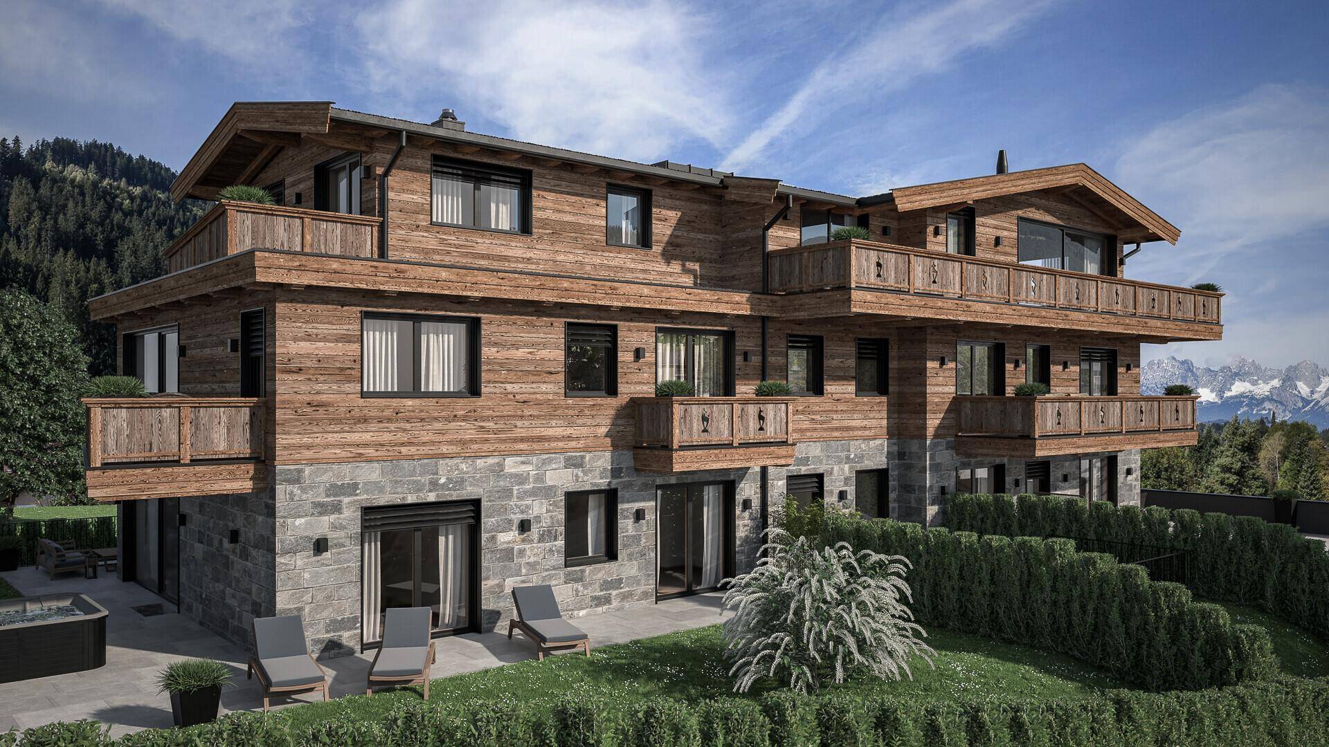 Alpines Chalet mit Holzfassade, Steinelementen, Terrassen und einem Whirlpool mit Bergblick.