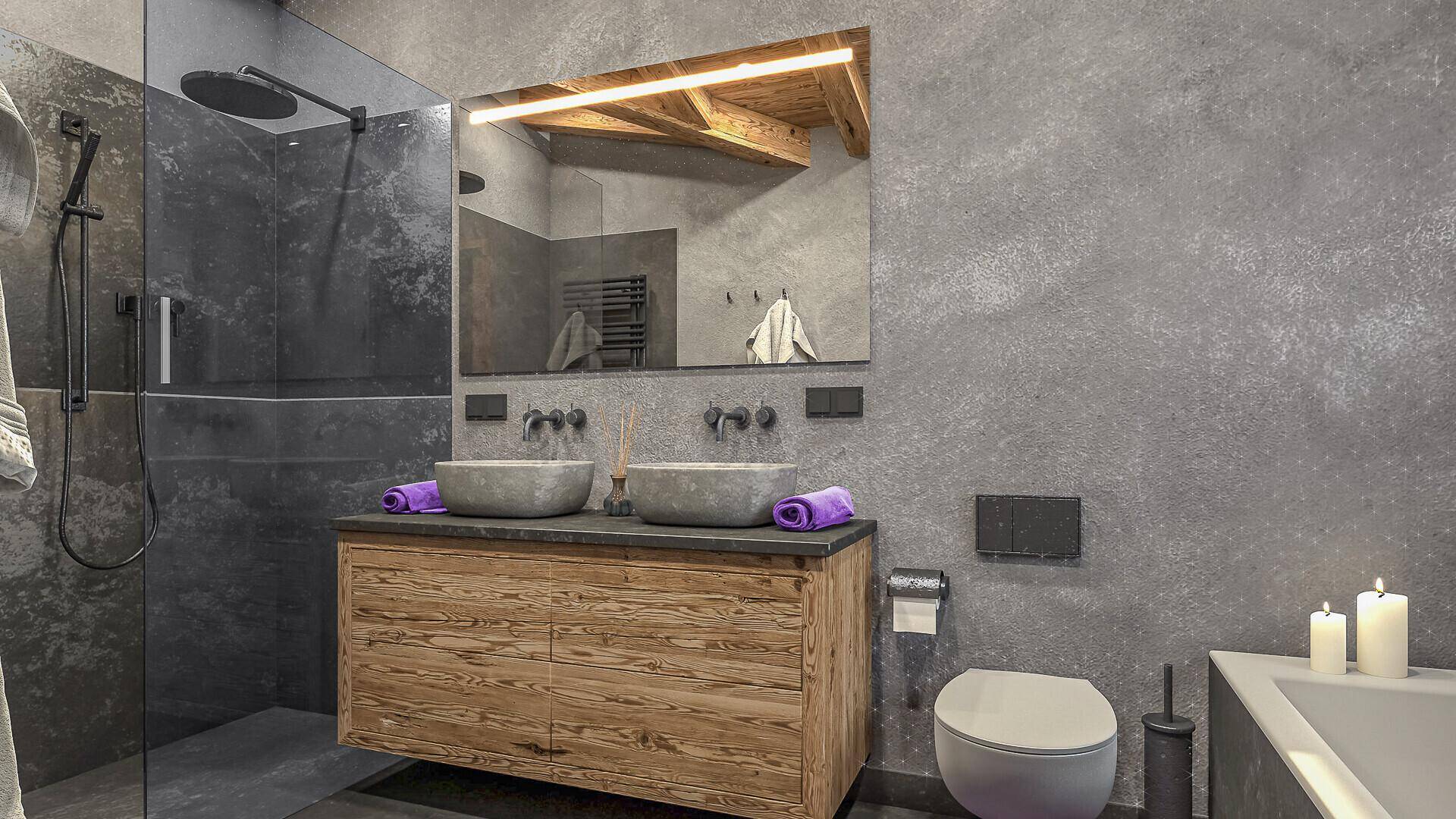 Modernes Badezimmer mit Doppelwaschbecken, begehbarer Dusche und Holzelementen.