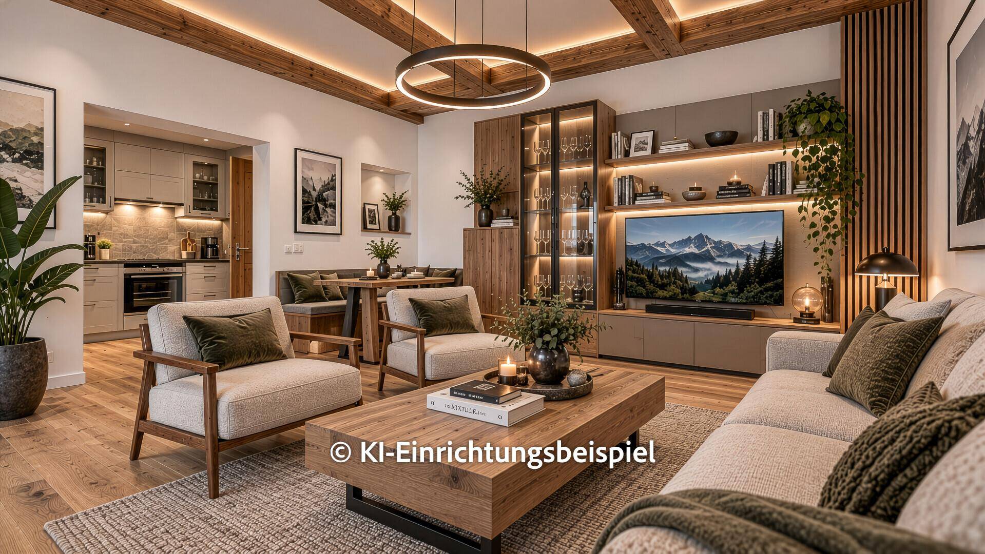 Stilvolles Wohnzimmer mit Holzbalken, integriertem TV-Bereich und offenem Übergang zur Küche.