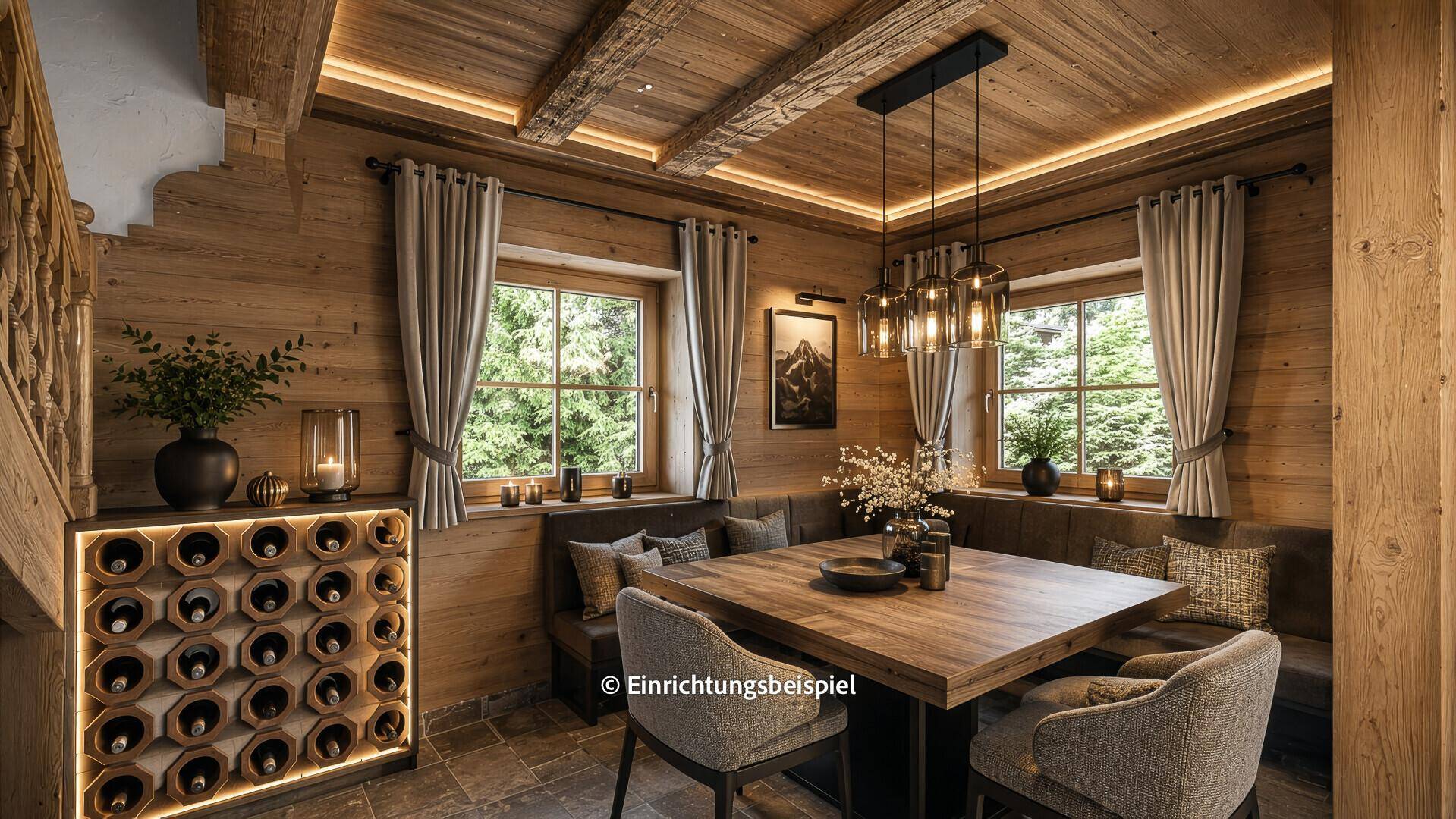 Modernisierter Essbereich im alpinen Stil mit Holztäfelung, Eckbank und stilvoller Beleuchtung.