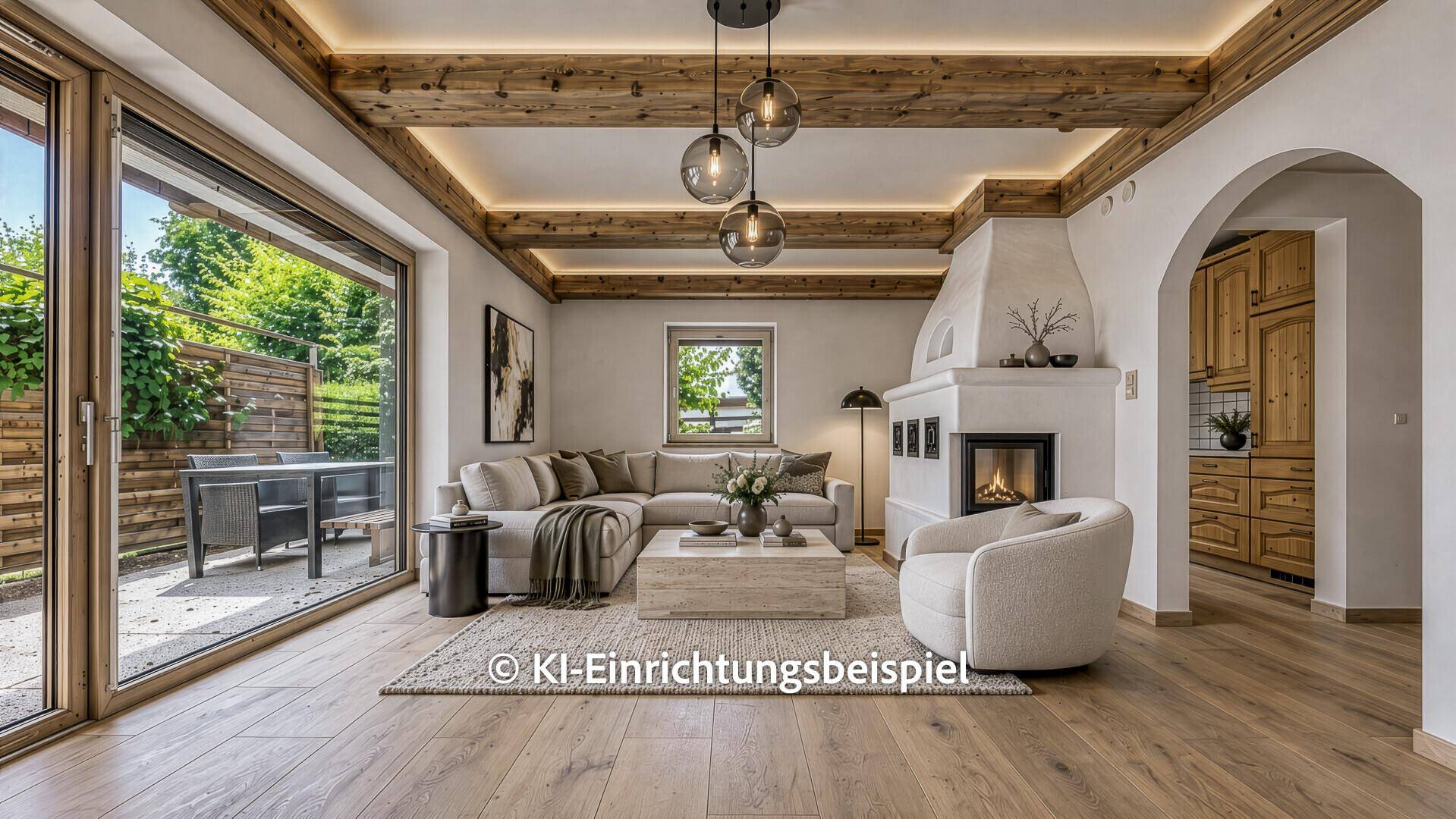 Gemütliches Wohnzimmer mit Holzbalken, Kamin und moderner Einrichtung, offen zur Küche und Terrasse.
