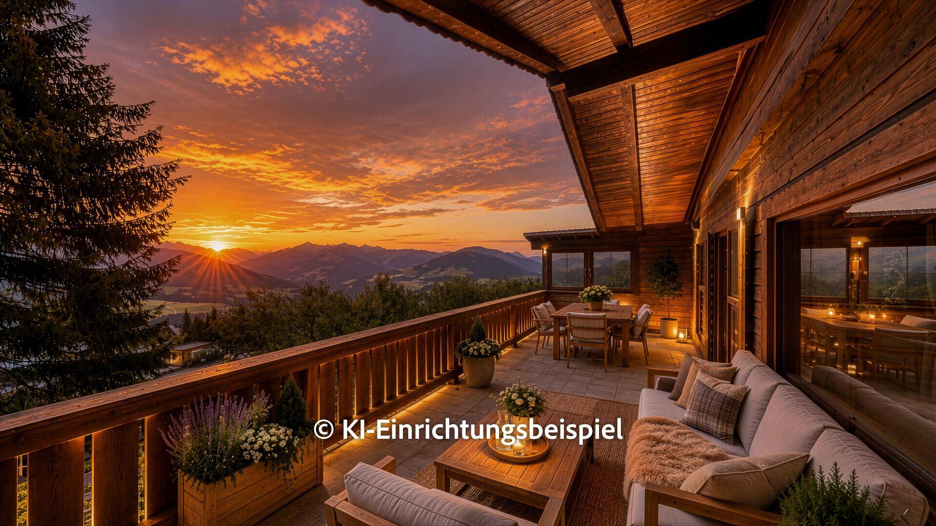 Stimmungsvoller Balkon bei Sonnenuntergang mit Lounge-Möbeln und weitem Bergblick.