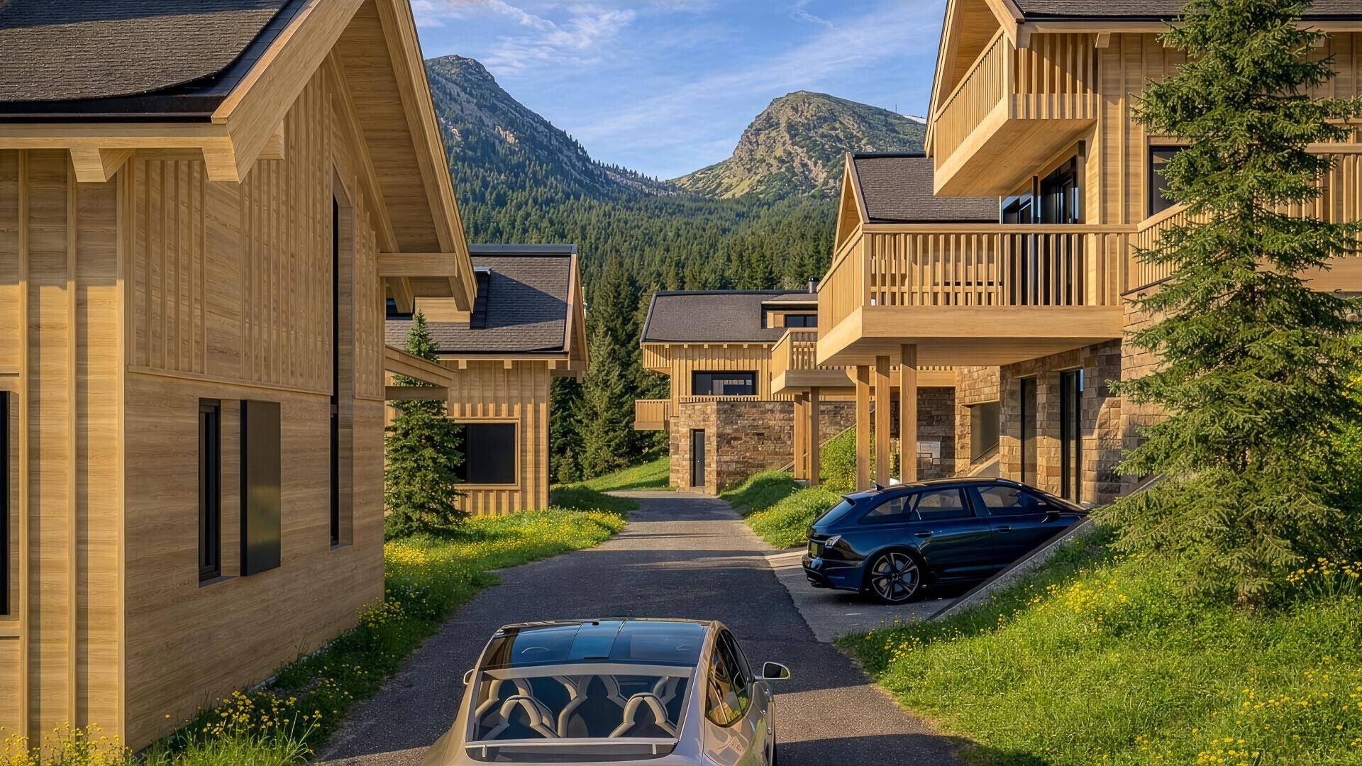 Moderne Holzchalets entlang einer Zufahrtsstraße in einer idyllischen Bergumgebung mit geparkten Autos.