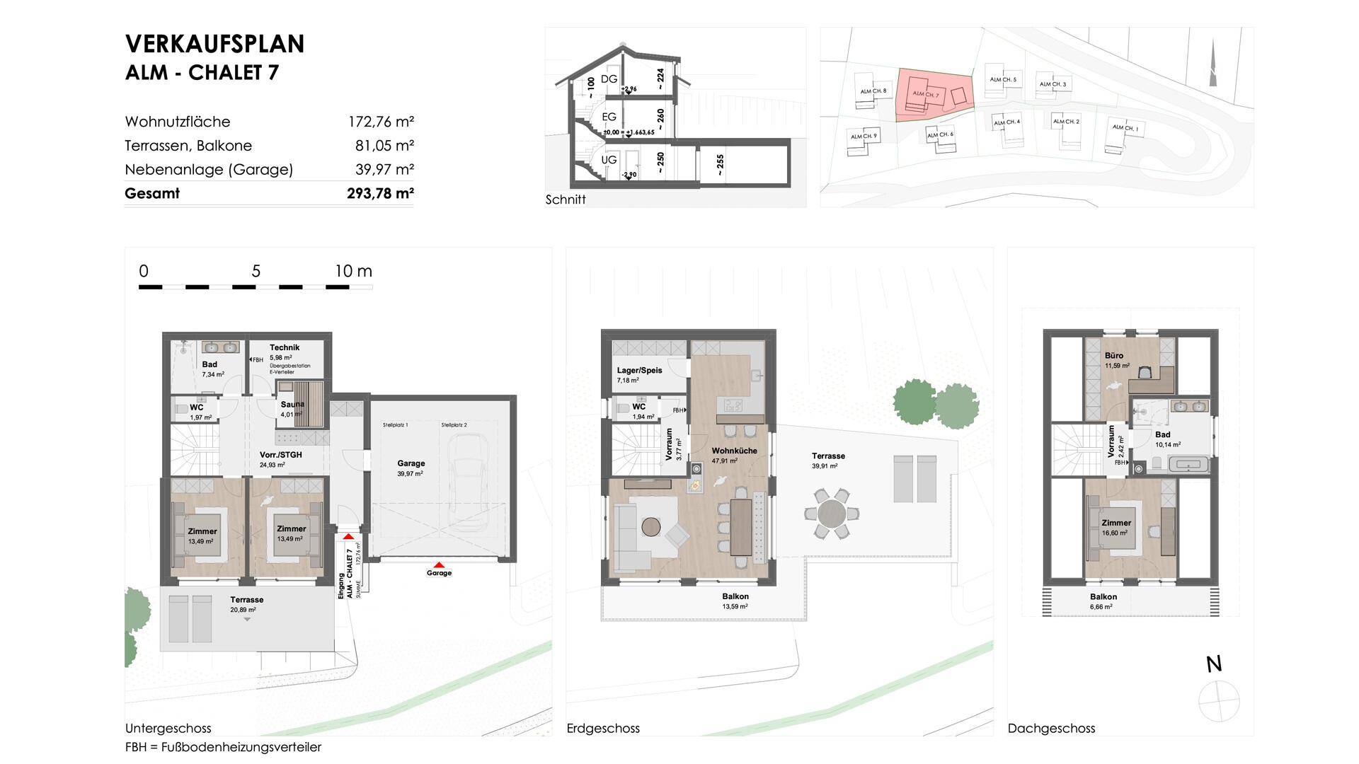 Detaillierter Grundriss des Chalets 7 mit drei Etagen, Garage, Terrasse und Balkon.