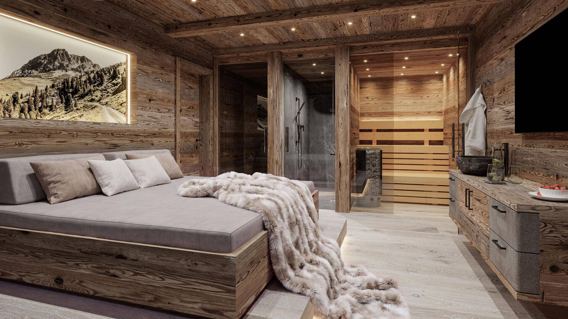 Exklusiver Wellnessbereich mit Sauna, Dusche und großem Ruhebereich in Holzoptik.