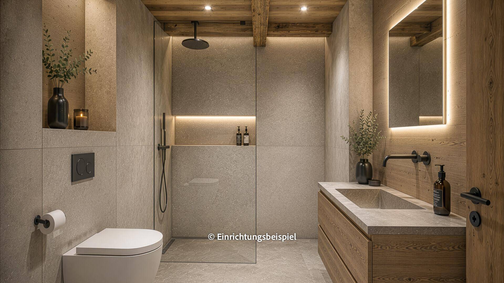 Elegantes Badezimmer mit begehbarer Dusche, Wand-WC und modernem Waschtisch mit indirekter Beleuchtung.