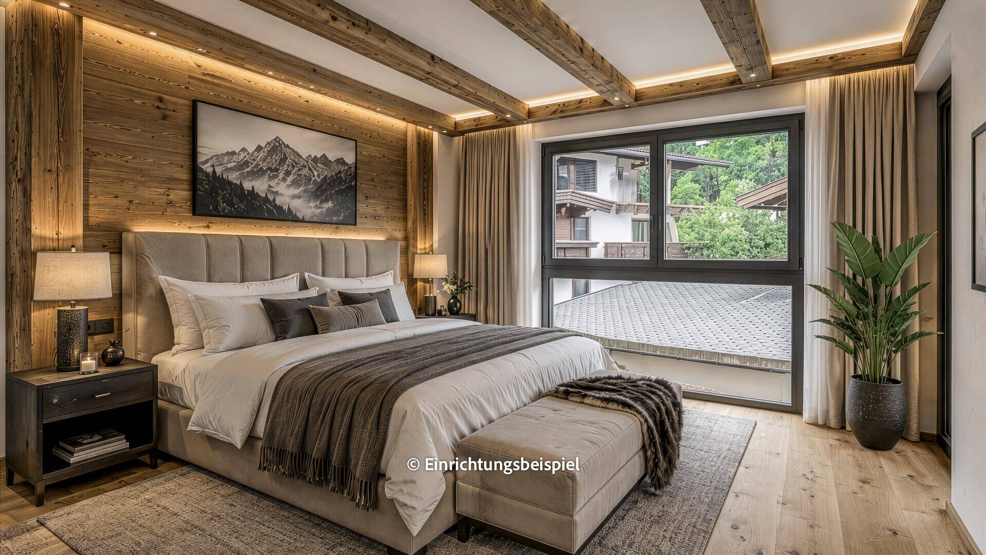 Gemütliches Schlafzimmer im alpinen Stil mit Holzwänden, Holzbalken und indirekter Beleuchtung.