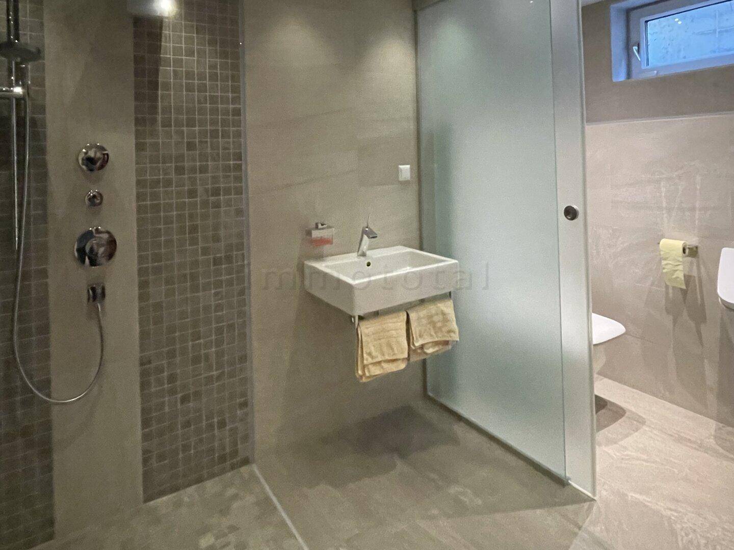 Zeitgemäßes Badezimmer mit großer begehbarer Dusche, modernem Waschbecken und Fenster.