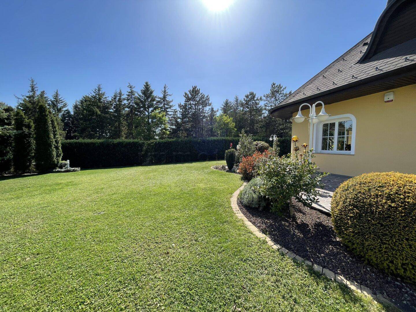 Sonnige Hausfassade mit gepflegtem Garten, weitläufigem Rasen und dekorativen Sträuchern.