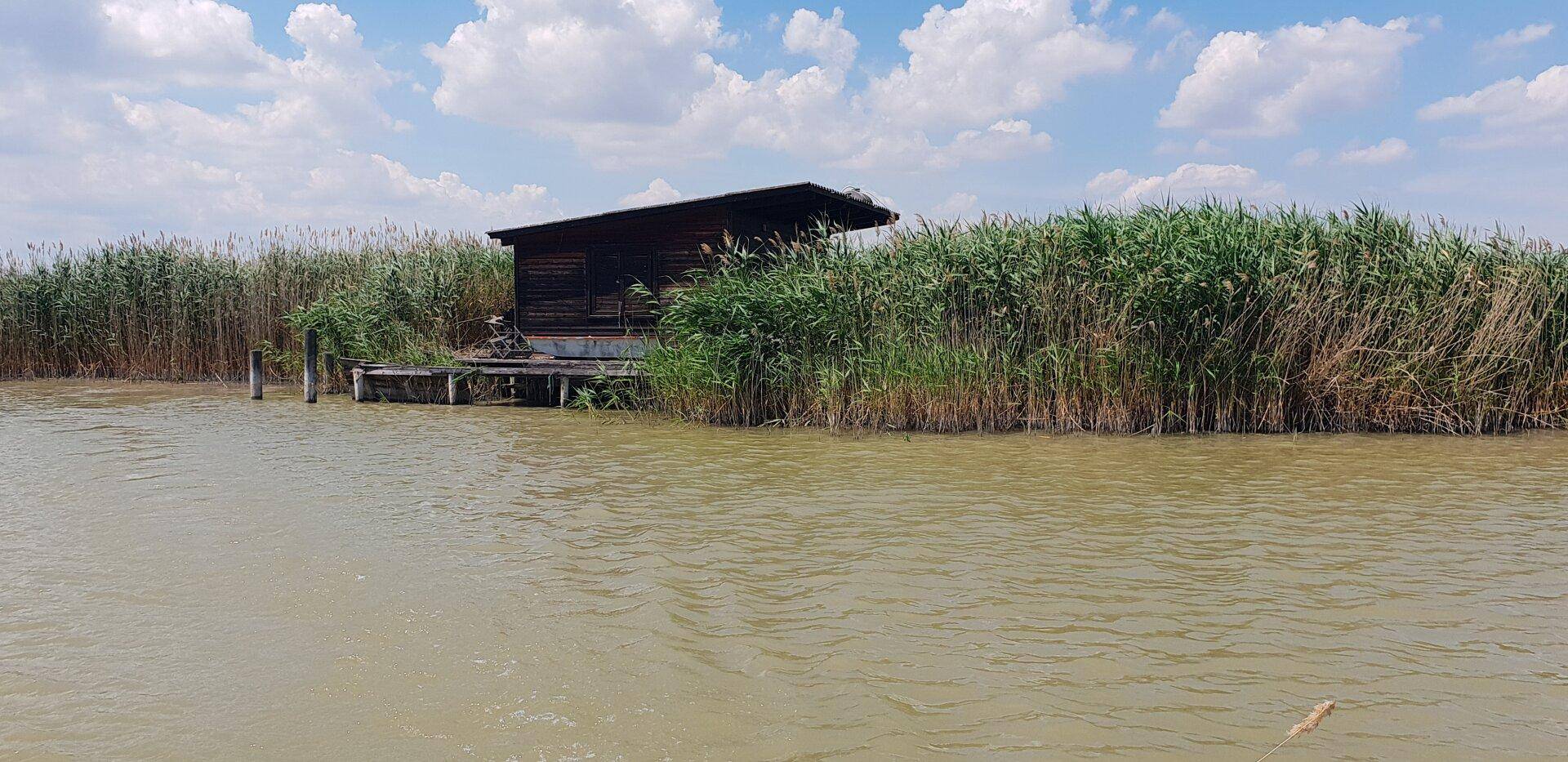 Abgelegene Holzhütte am Wasser, vollständig von hohem Schilf umgeben, unter weiten Wolken.